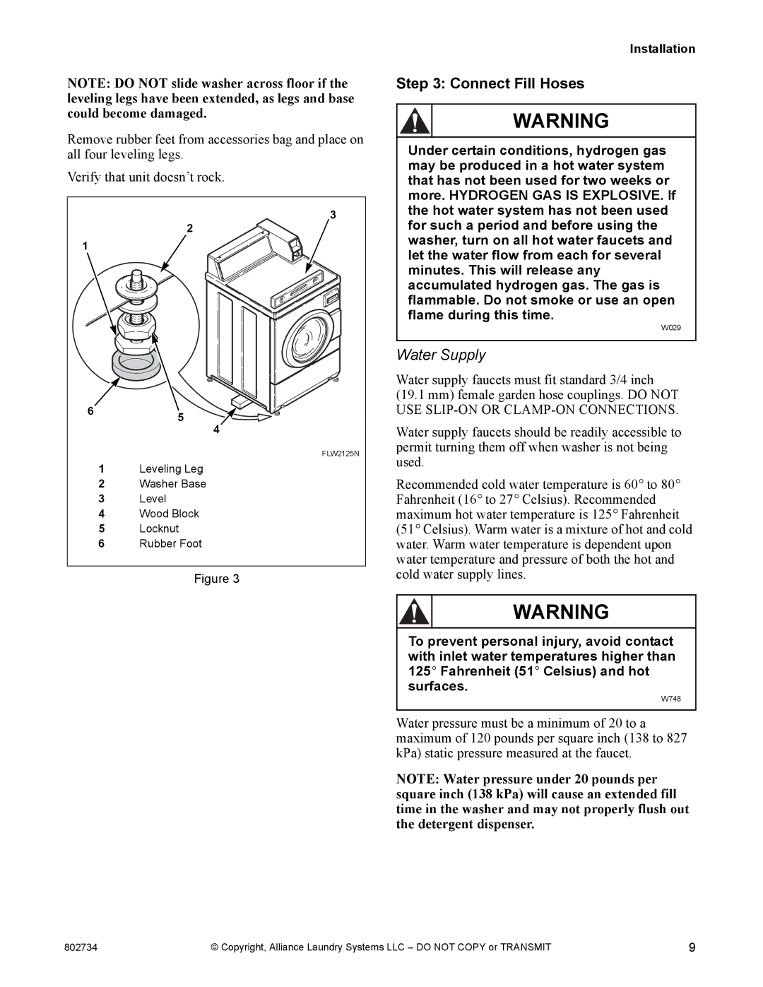 Alliance Laundry Systems FLW1526C manual Connect Fill Hoses, Water Supply 