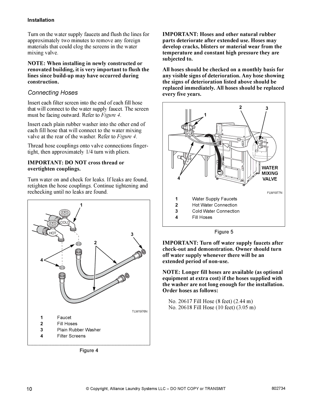 Alliance Laundry Systems FLW1526C manual Connecting Hoses, Important do not cross thread or overtighten couplings 