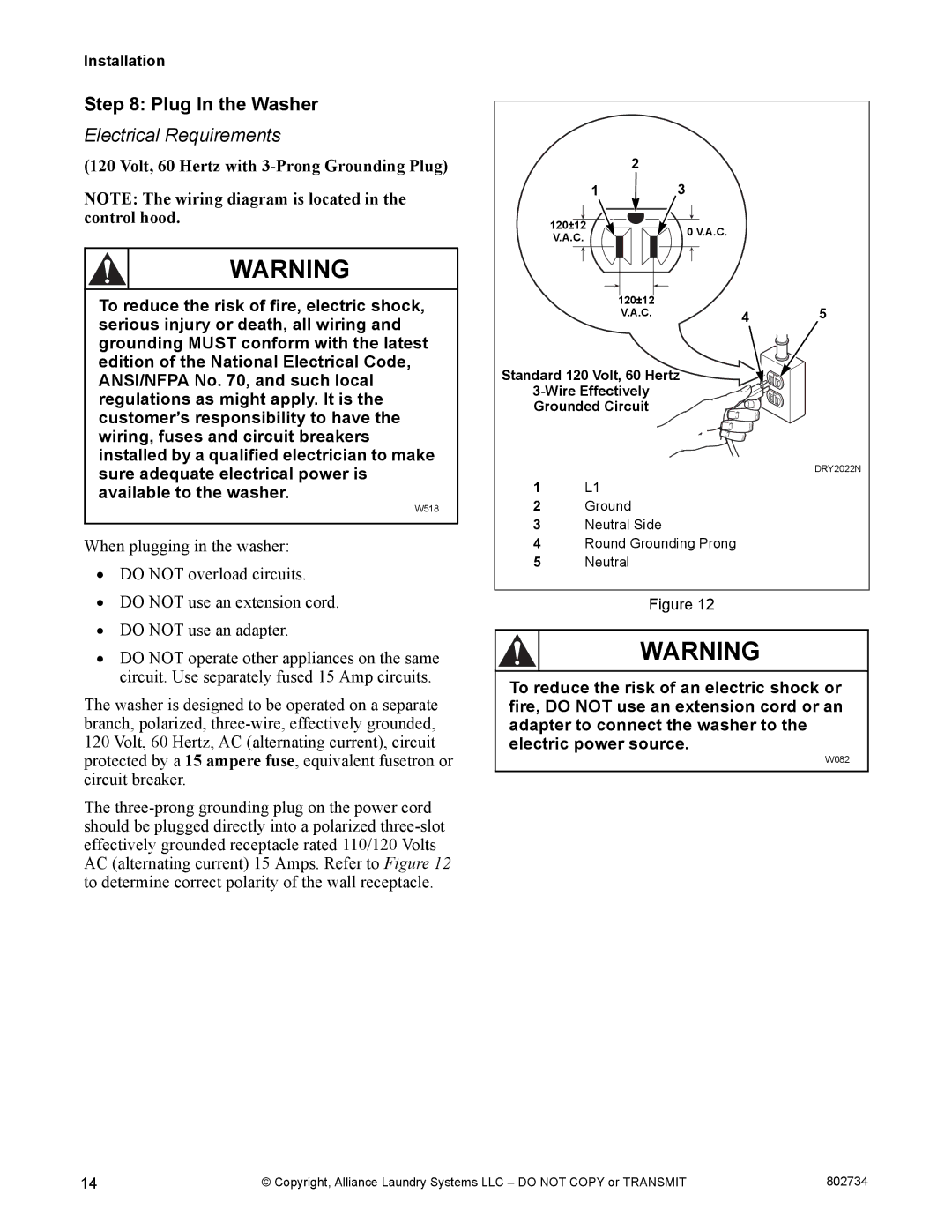 Alliance Laundry Systems FLW1526C manual Plug In the Washer, Electrical Requirements 