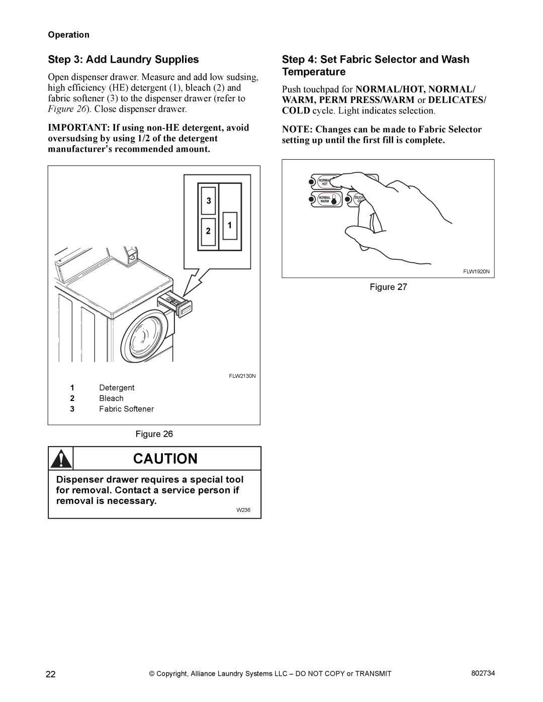 Alliance Laundry Systems FLW1526C manual Add Laundry Supplies, Set Fabric Selector and Wash Temperature 