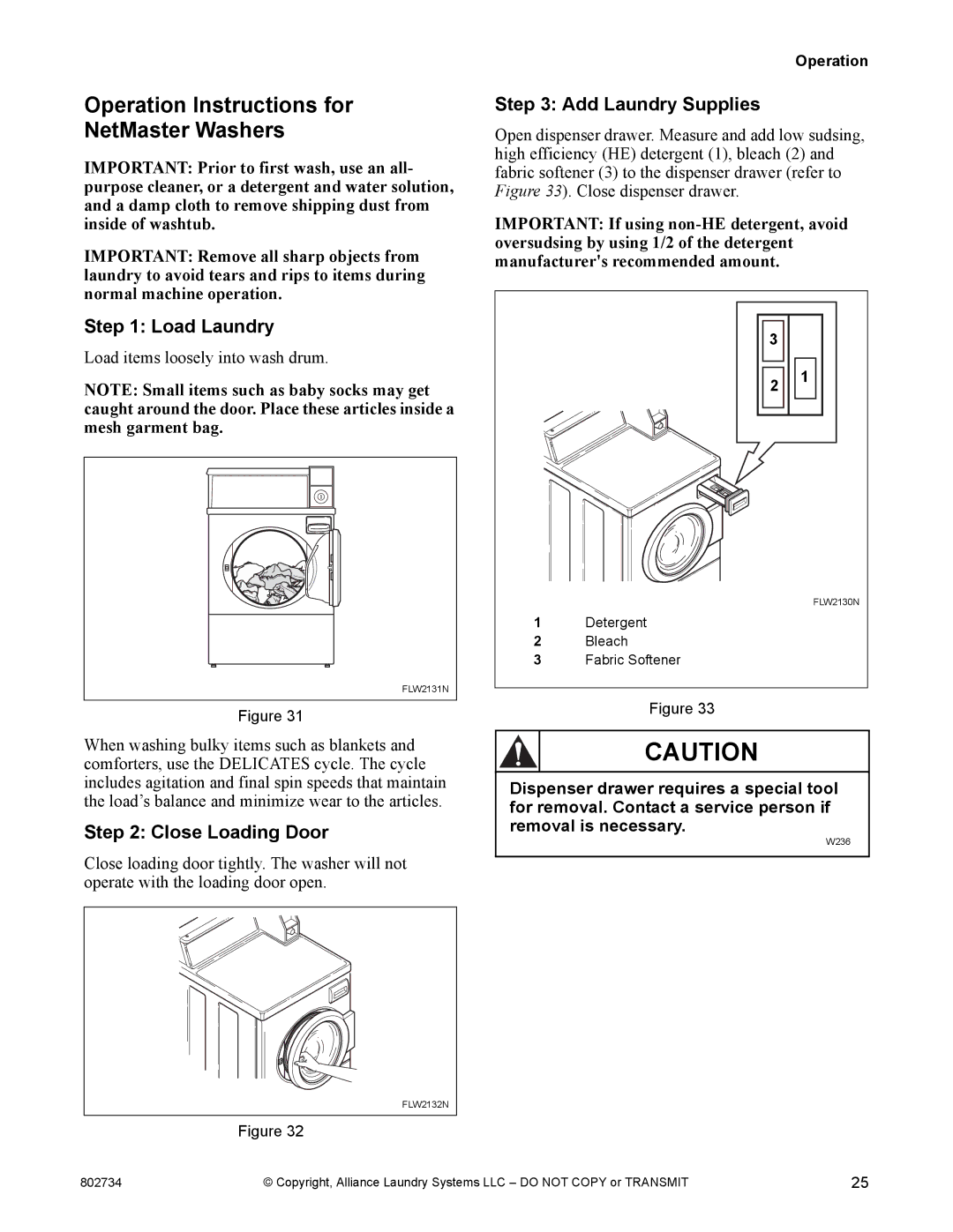 Alliance Laundry Systems FLW1526C manual Operation Instructions for NetMaster Washers, Load Laundry 