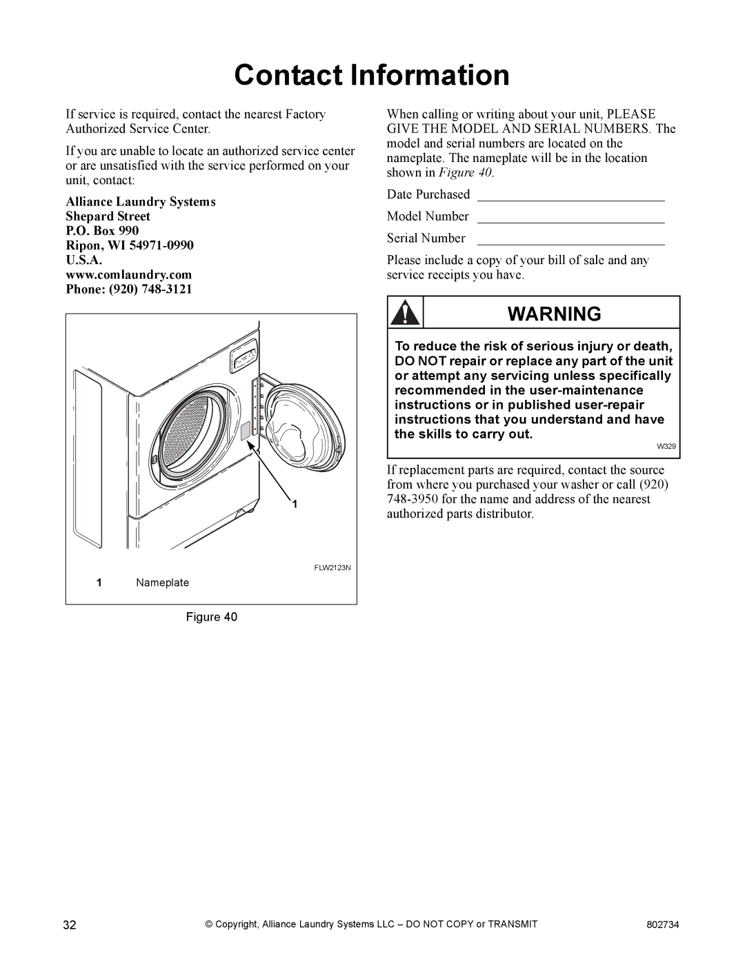 Alliance Laundry Systems FLW1526C manual Contact Information 