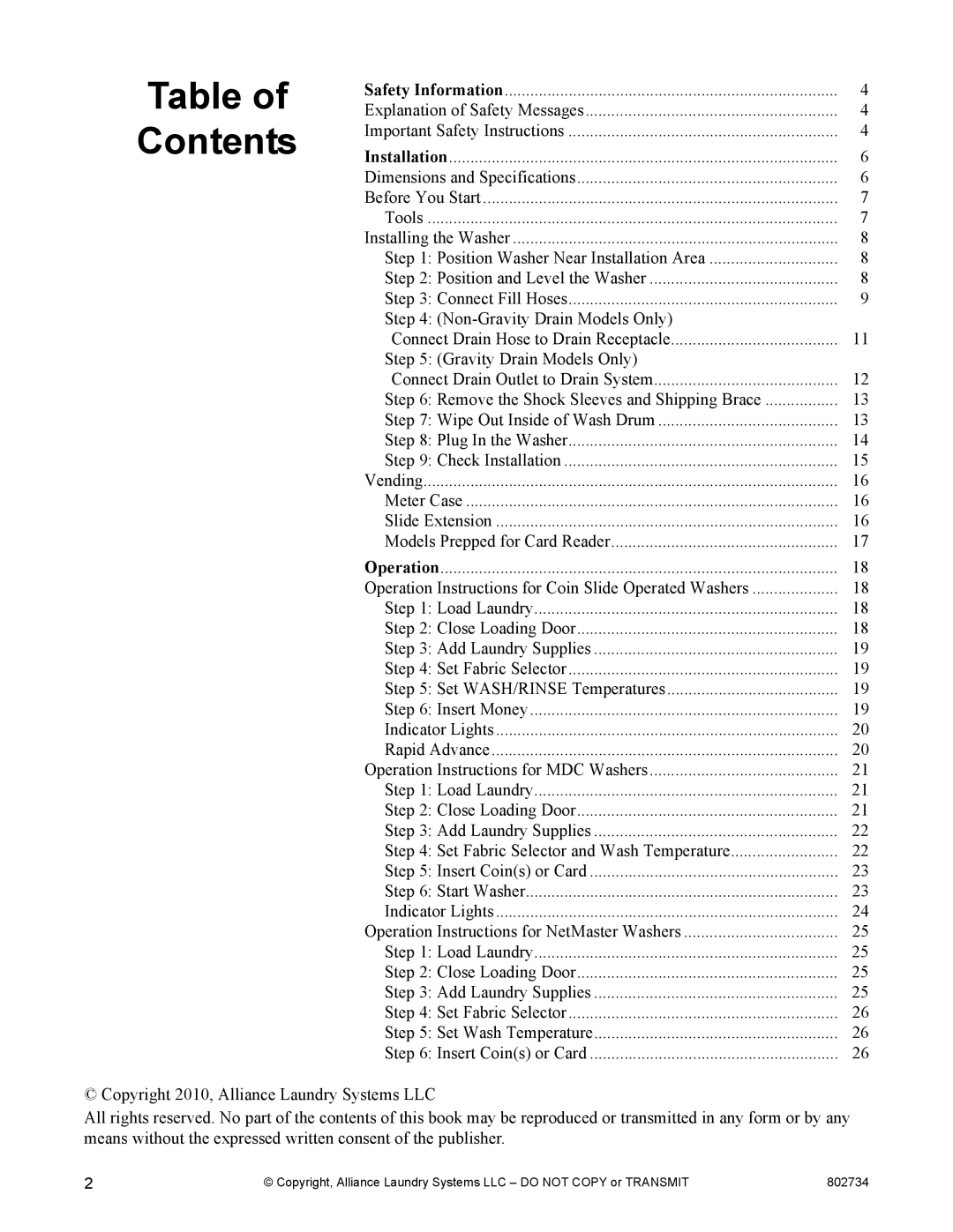 Alliance Laundry Systems FLW1526C manual Contents 