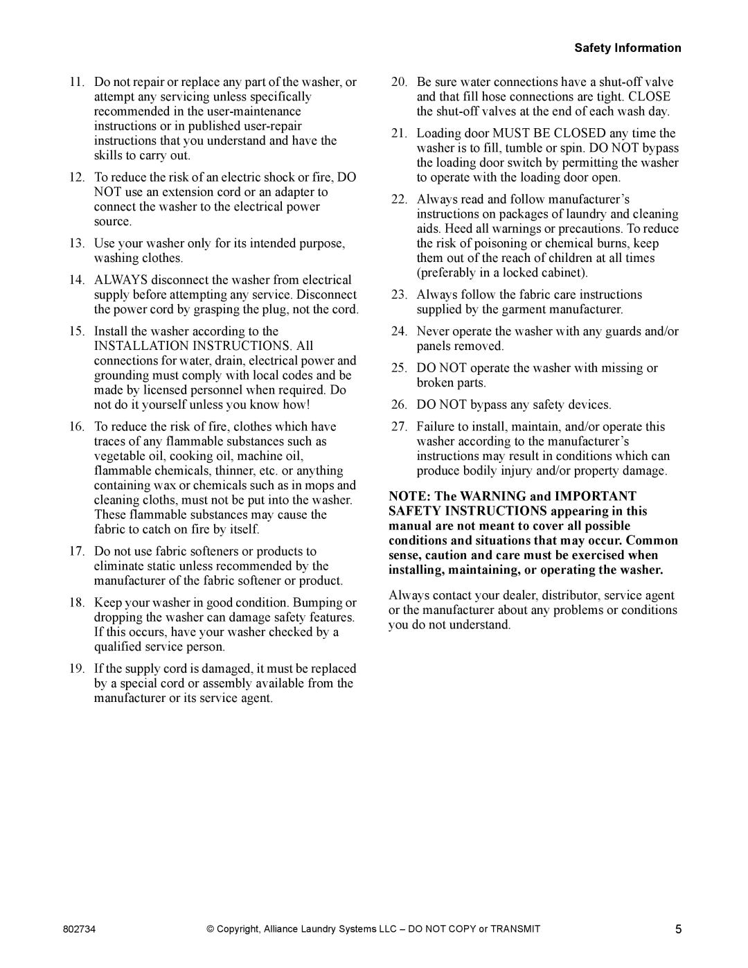 Alliance Laundry Systems FLW1526C manual Safety Information 