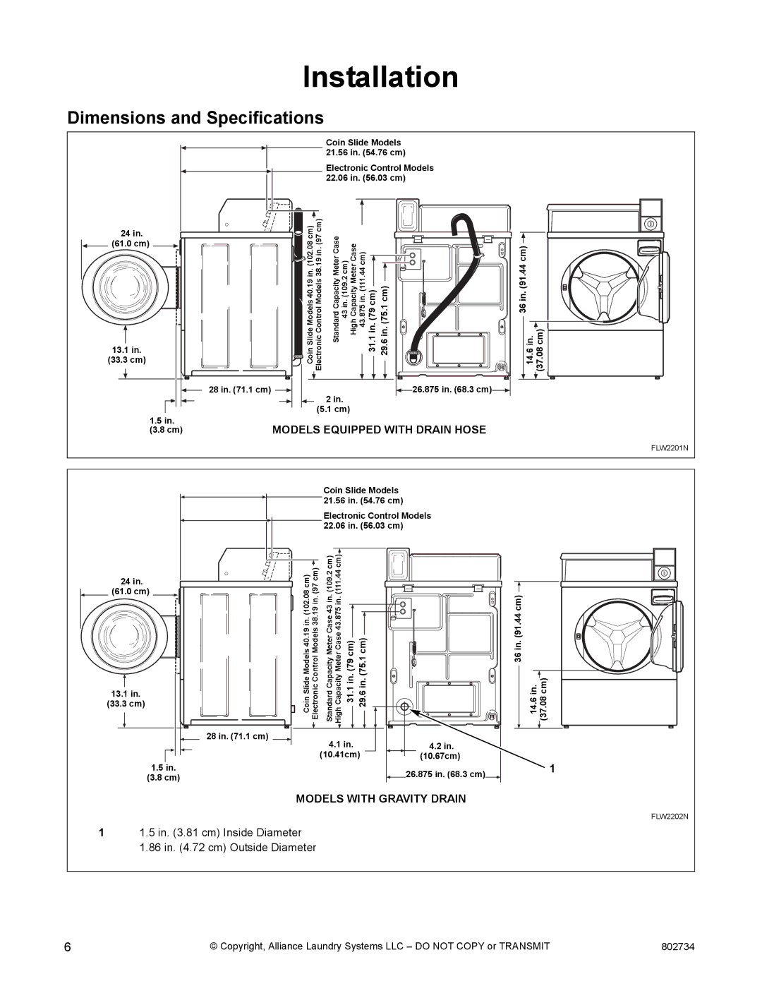 Alliance Laundry Systems FLW1526C manual Installation, Dimensions and Specifications 