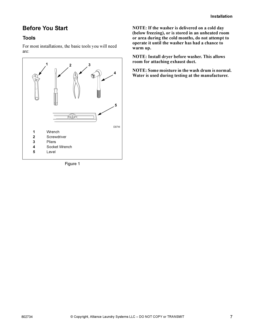 Alliance Laundry Systems FLW1526C manual Before You Start, Tools 