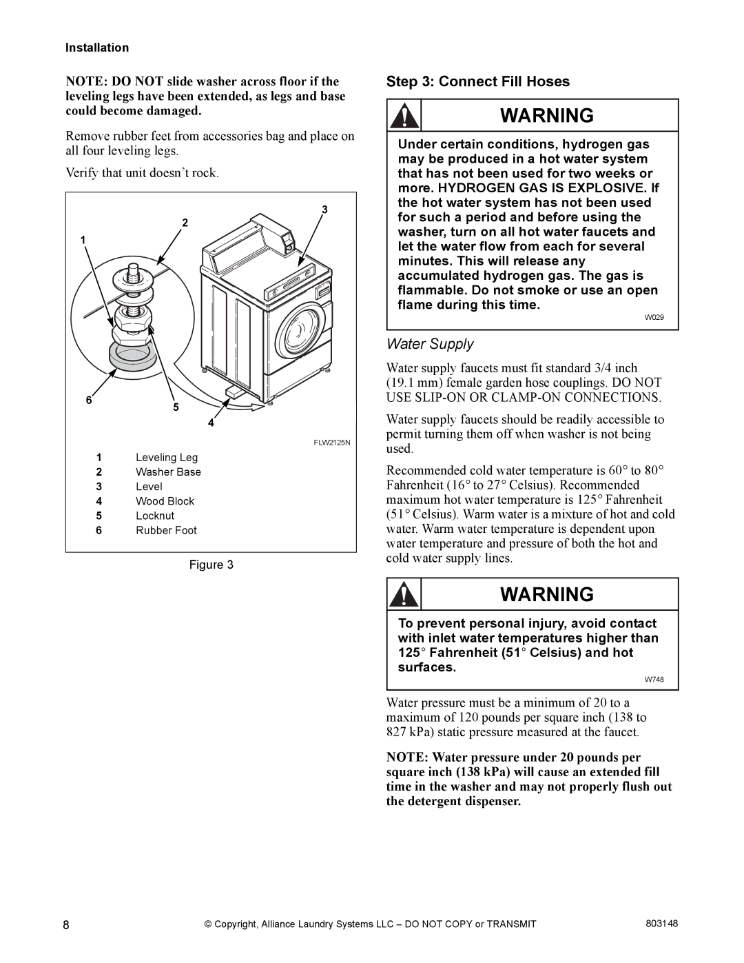 Alliance Laundry Systems FLW1526C manual Connect Fill Hoses, Water Supply 