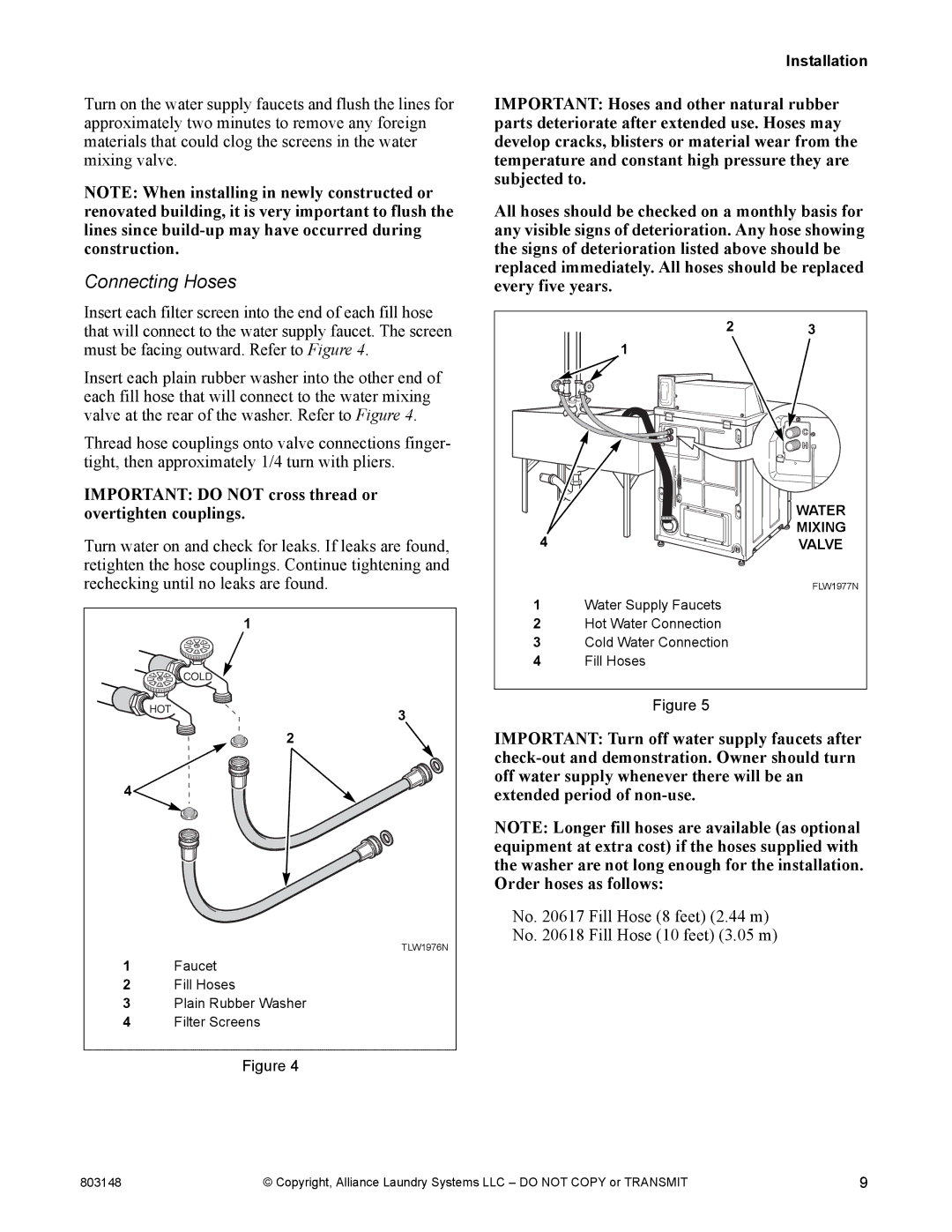 Alliance Laundry Systems FLW1526C manual Connecting Hoses, Important do not cross thread or overtighten couplings 