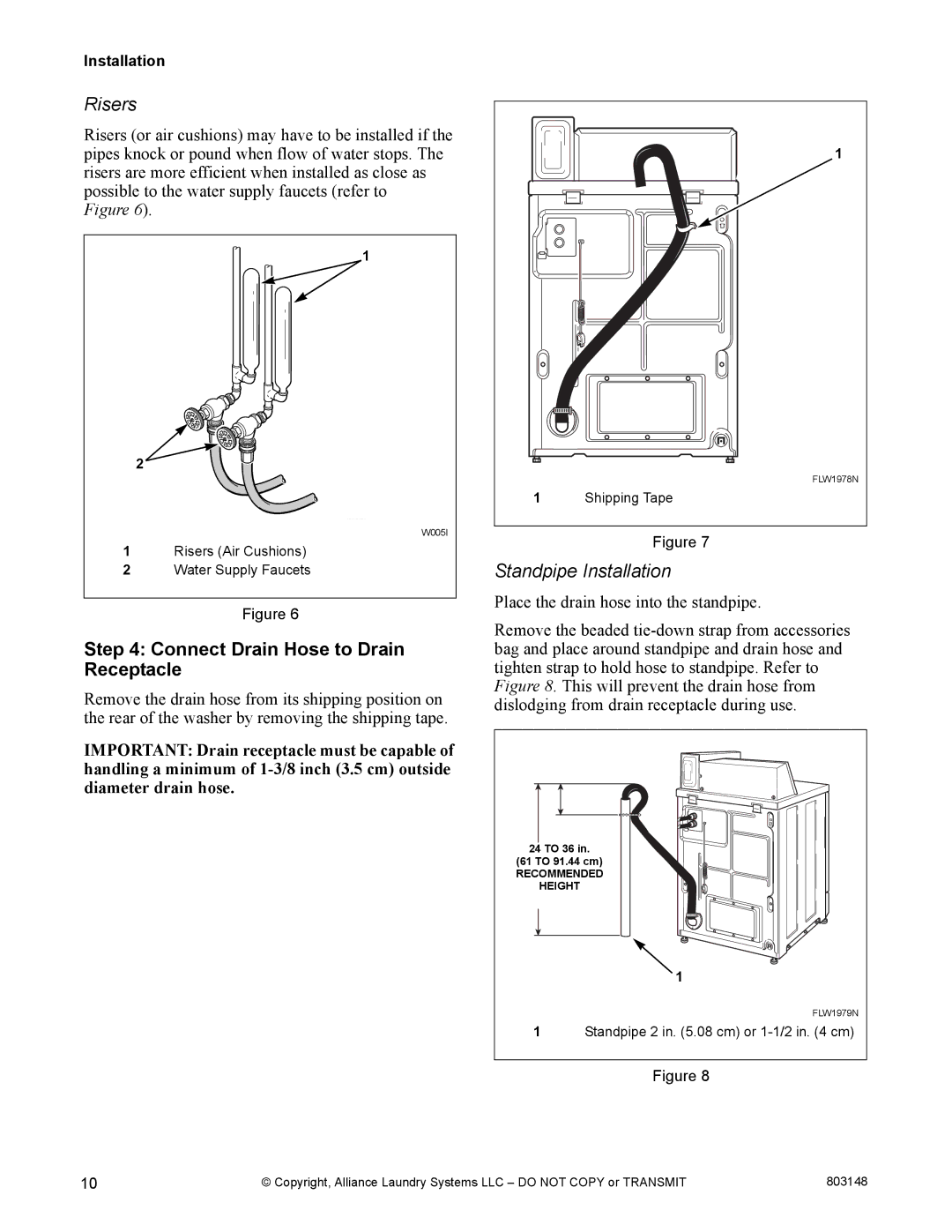 Alliance Laundry Systems FLW1526C manual Risers, Connect Drain Hose to Drain Receptacle, Standpipe Installation 