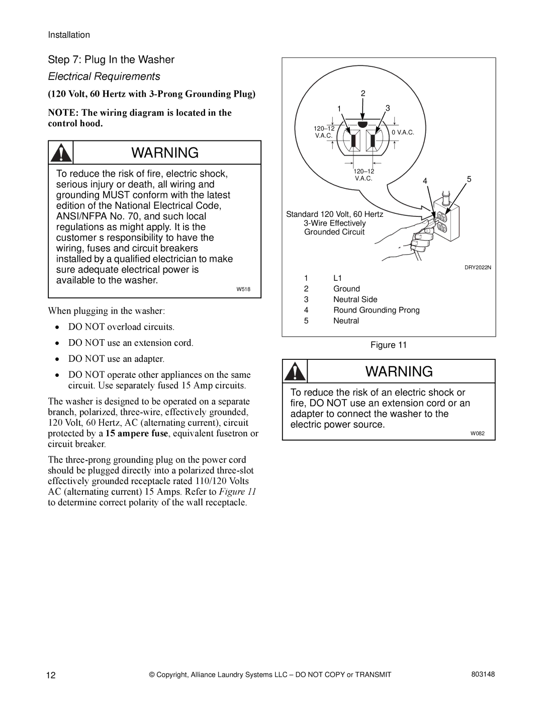 Alliance Laundry Systems FLW1526C manual Plug In the Washer, Electrical Requirements 