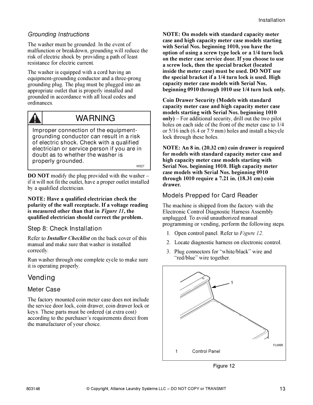 Alliance Laundry Systems FLW1526C manual Vending, Grounding Instructions, Check Installation, Meter Case 