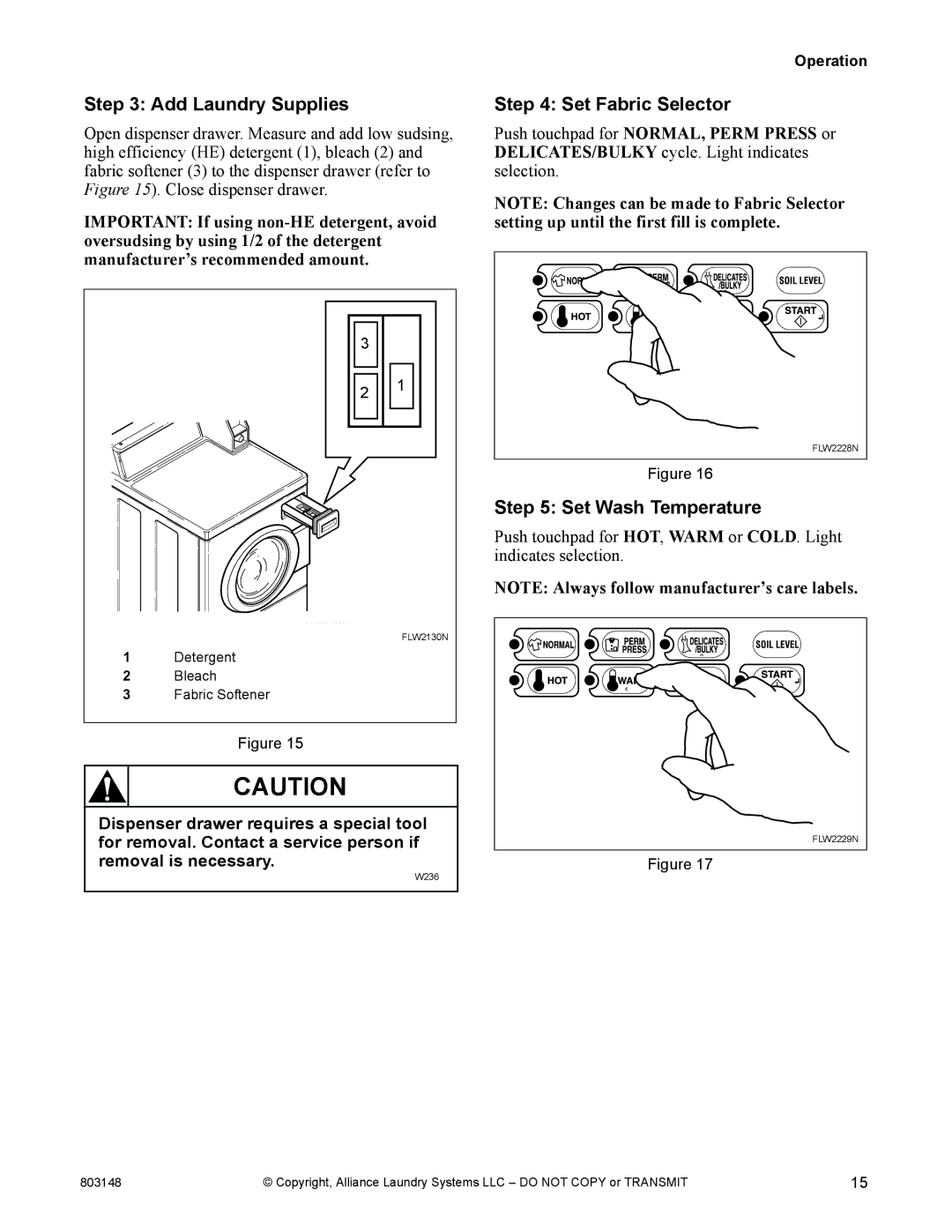 Alliance Laundry Systems FLW1526C manual Add Laundry Supplies, Set Fabric Selector, Set Wash Temperature 