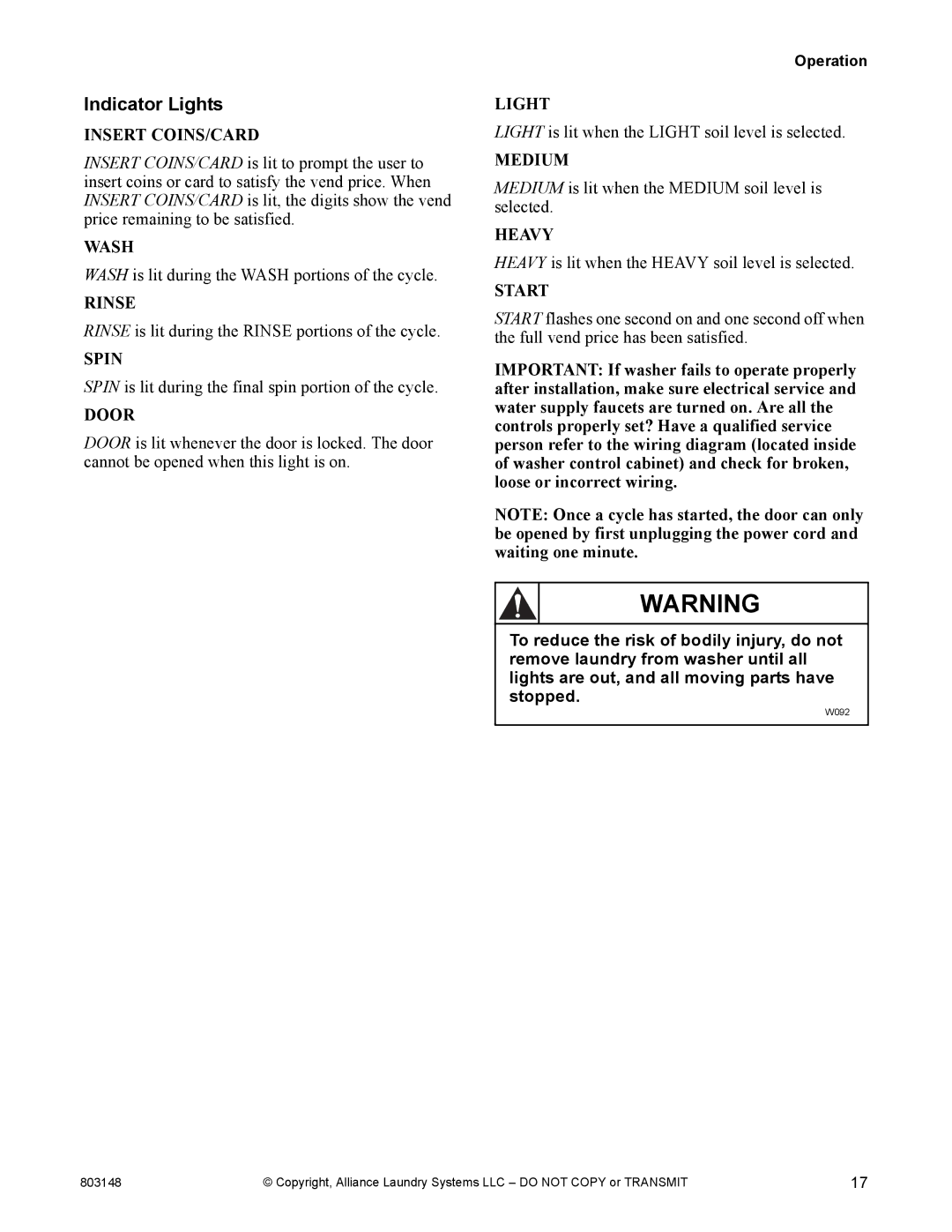 Alliance Laundry Systems FLW1526C manual Indicator Lights, Insert COINS/CARD 