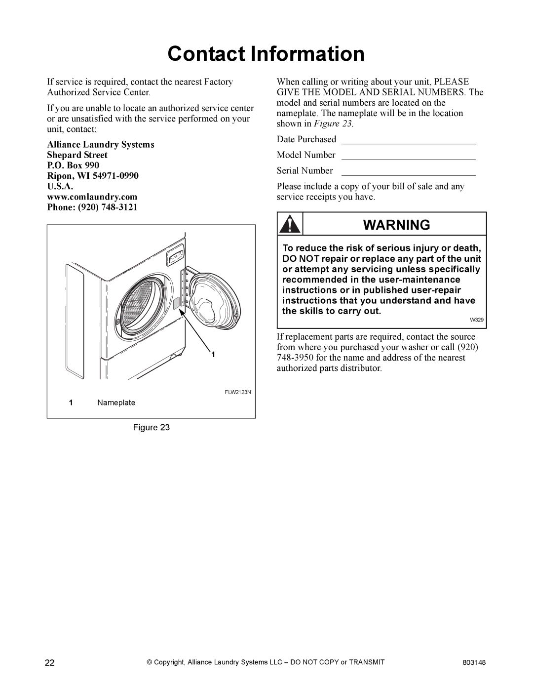 Alliance Laundry Systems FLW1526C manual Contact Information 