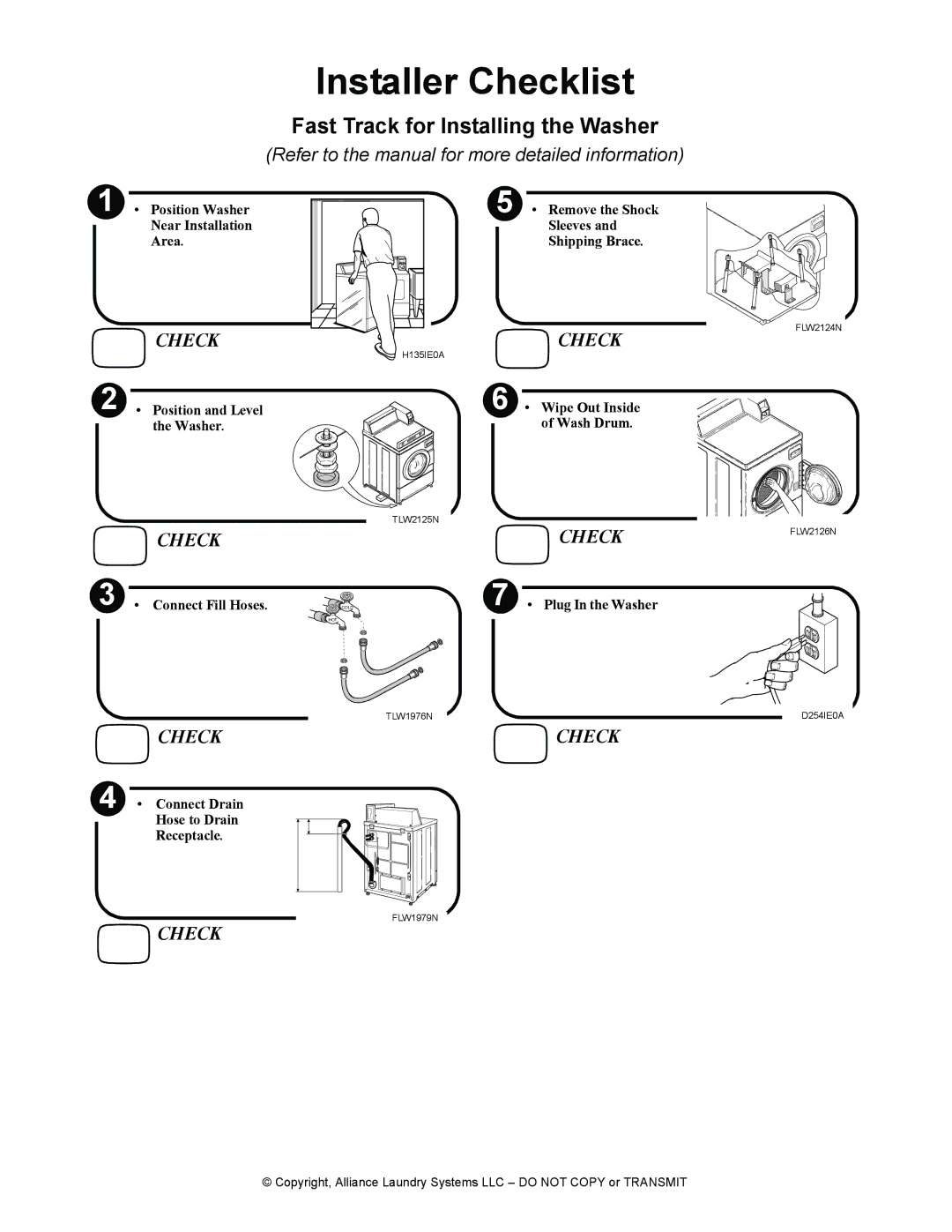 Alliance Laundry Systems FLW1526C manual Installer Checklist 