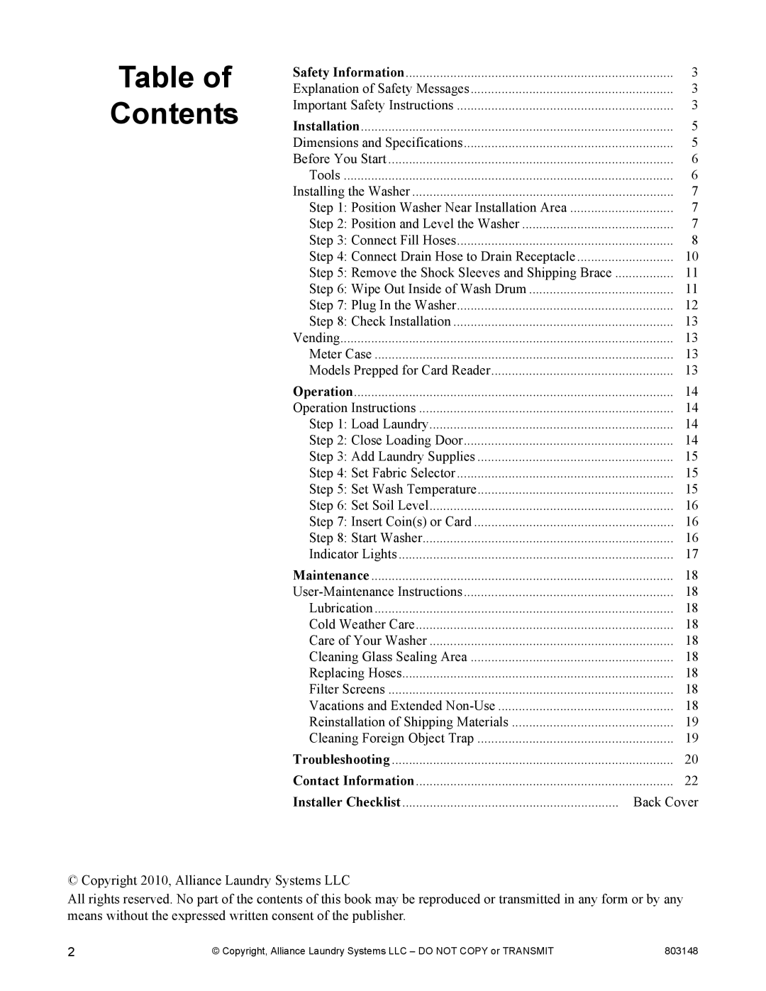 Alliance Laundry Systems FLW1526C manual Contents 