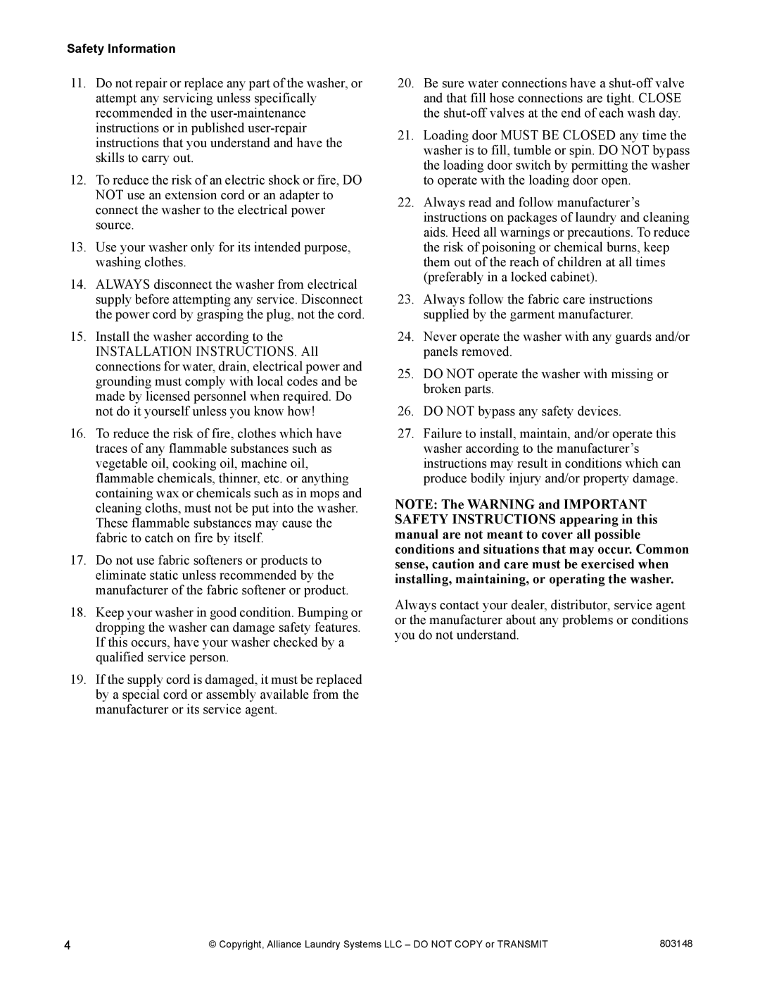 Alliance Laundry Systems FLW1526C manual Safety Information 