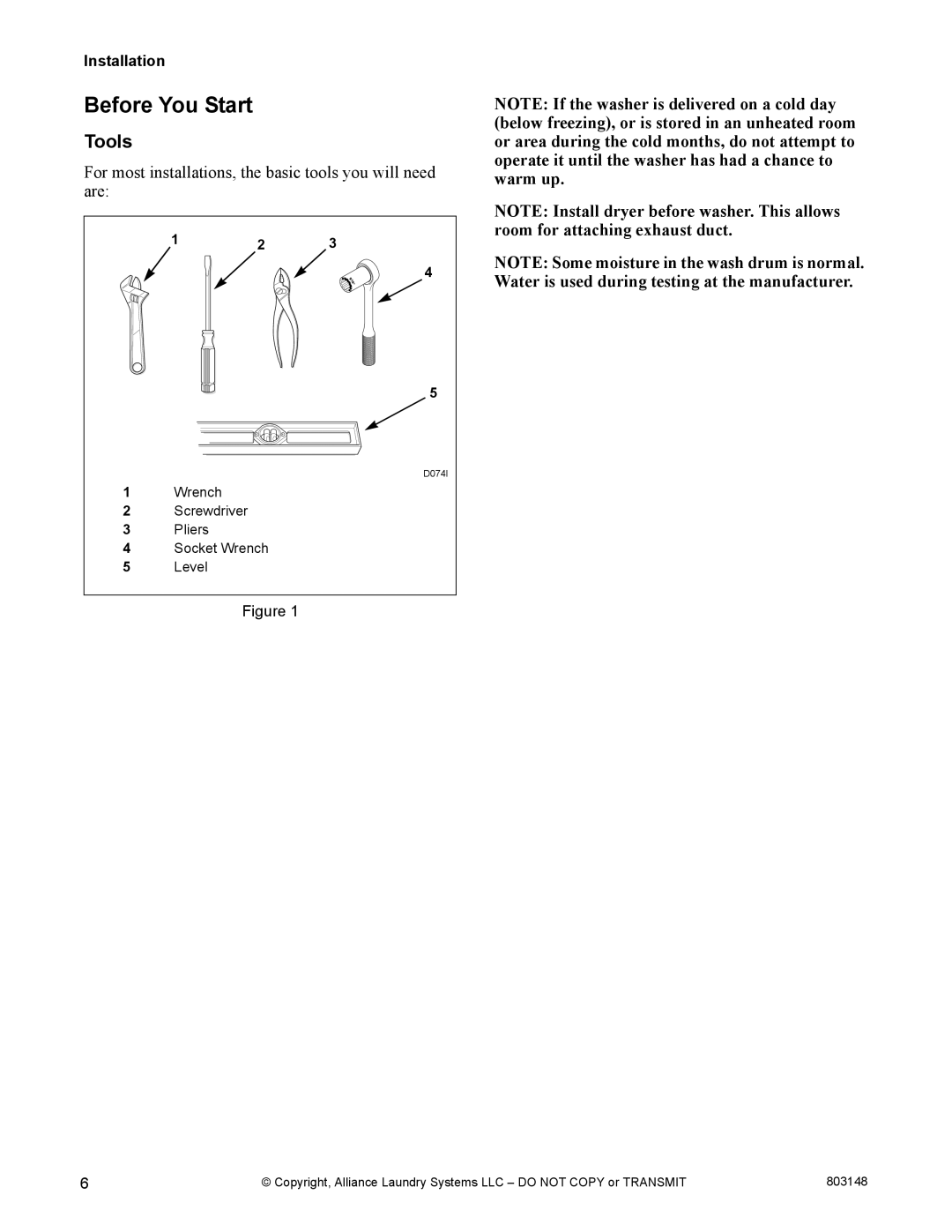 Alliance Laundry Systems FLW1526C manual Before You Start, Tools 