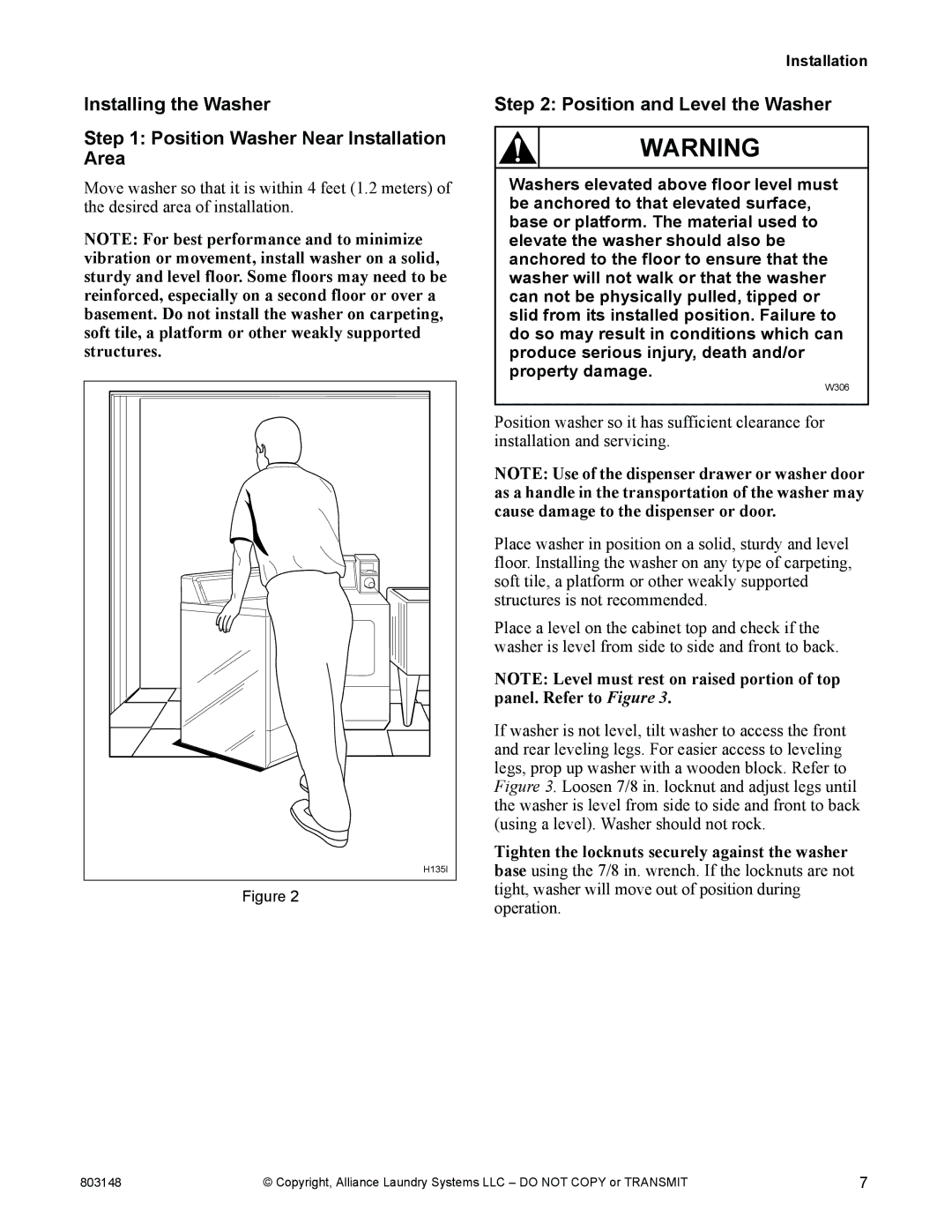 Alliance Laundry Systems FLW1526C manual Installing the Washer Position Washer Near Installation Area 