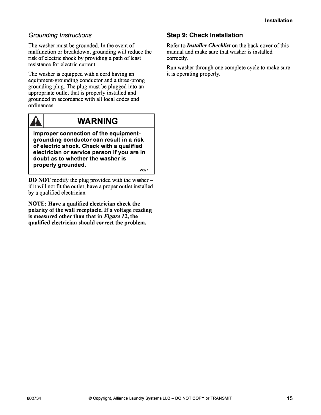 Alliance Laundry Systems FLW1526C manual Grounding Instructions, Check Installation 