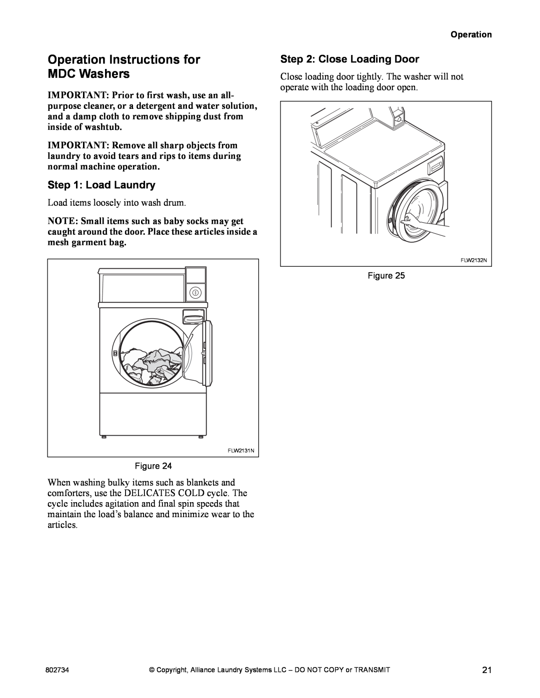 Alliance Laundry Systems FLW1526C manual Operation Instructions for MDC Washers, Load Laundry, Close Loading Door 