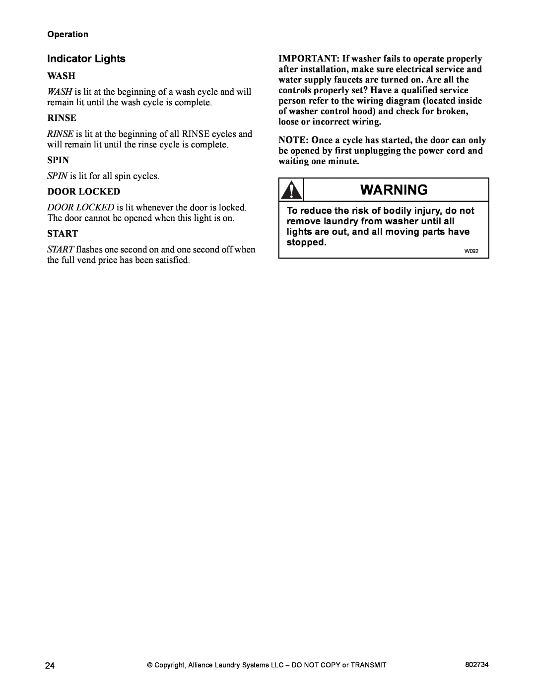 Alliance Laundry Systems FLW1526C manual Indicator Lights, Wash 