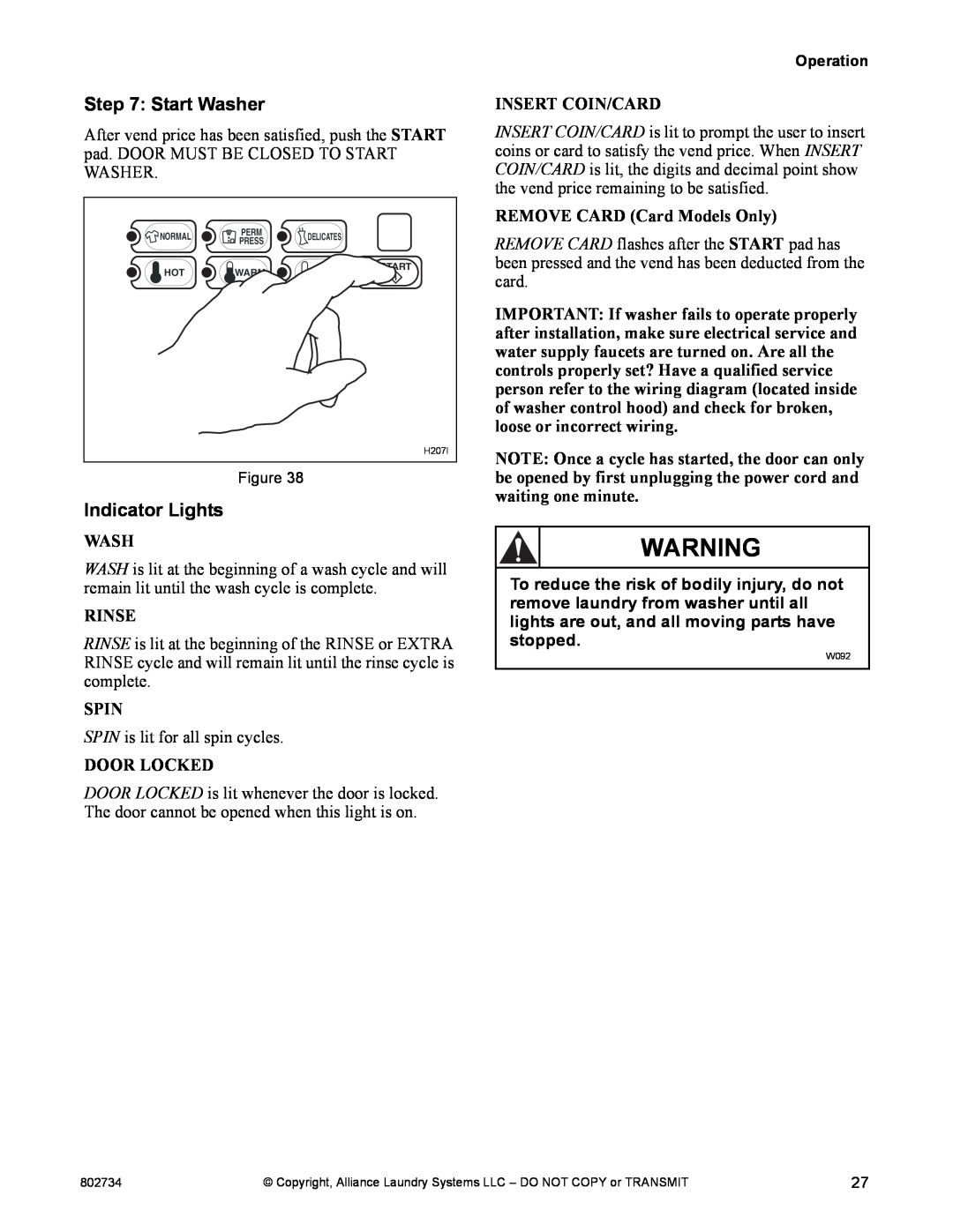 Alliance Laundry Systems FLW1526C manual Start Washer, Indicator Lights 