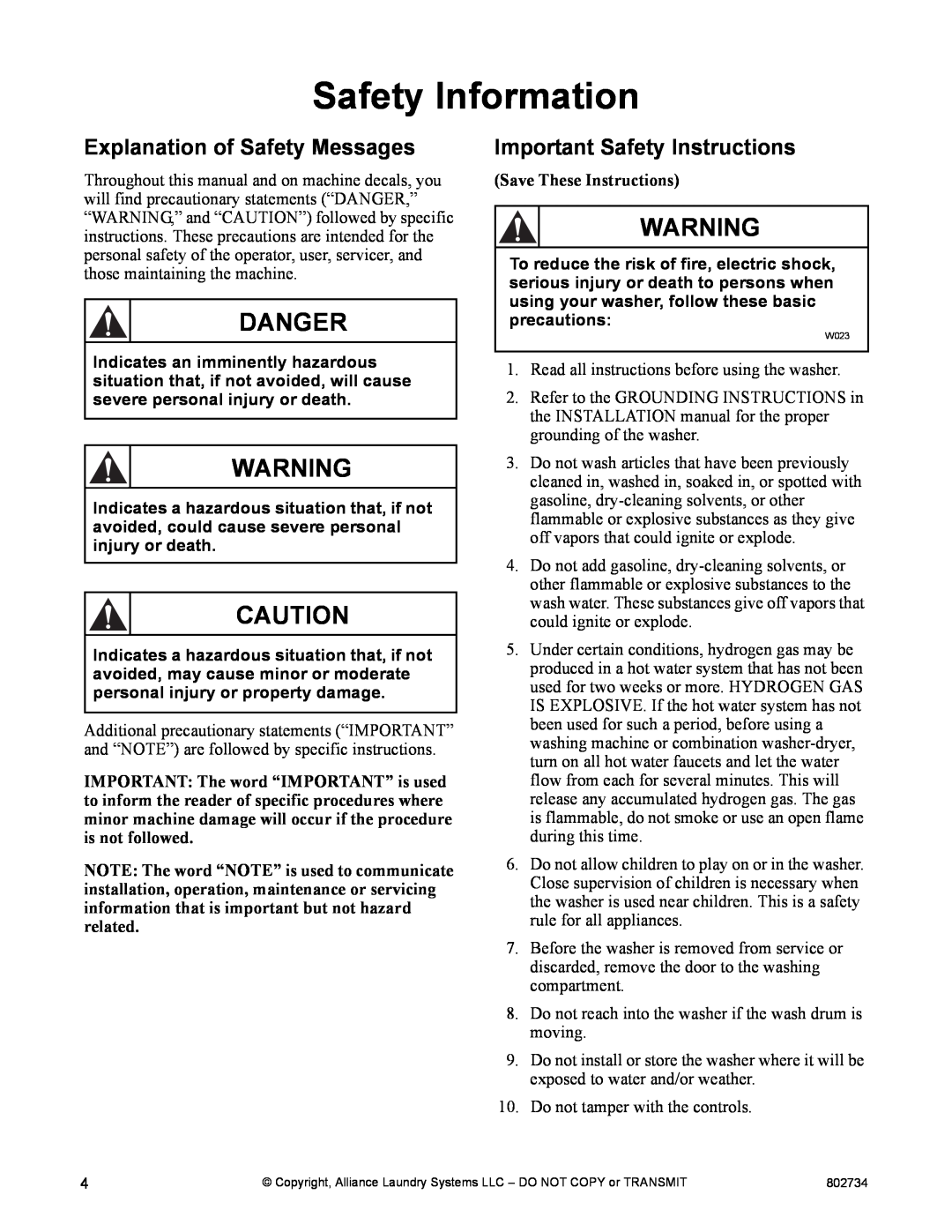 Alliance Laundry Systems FLW1526C manual Safety Information, Explanation of Safety Messages, Important Safety Instructions 