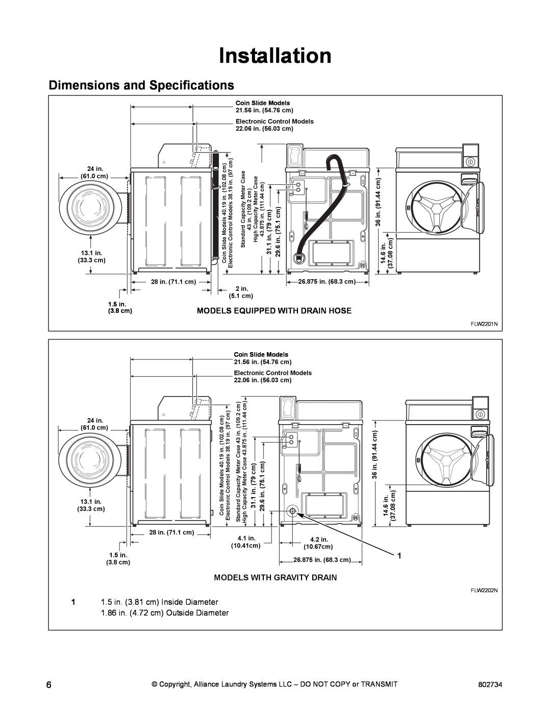 Alliance Laundry Systems FLW1526C Installation, Dimensions and Specifications, 1.86 in. 4.72 cm Outside Diameter, 802734 