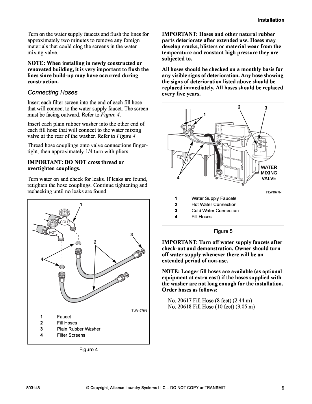 Alliance Laundry Systems FLW1526C manual Connecting Hoses 