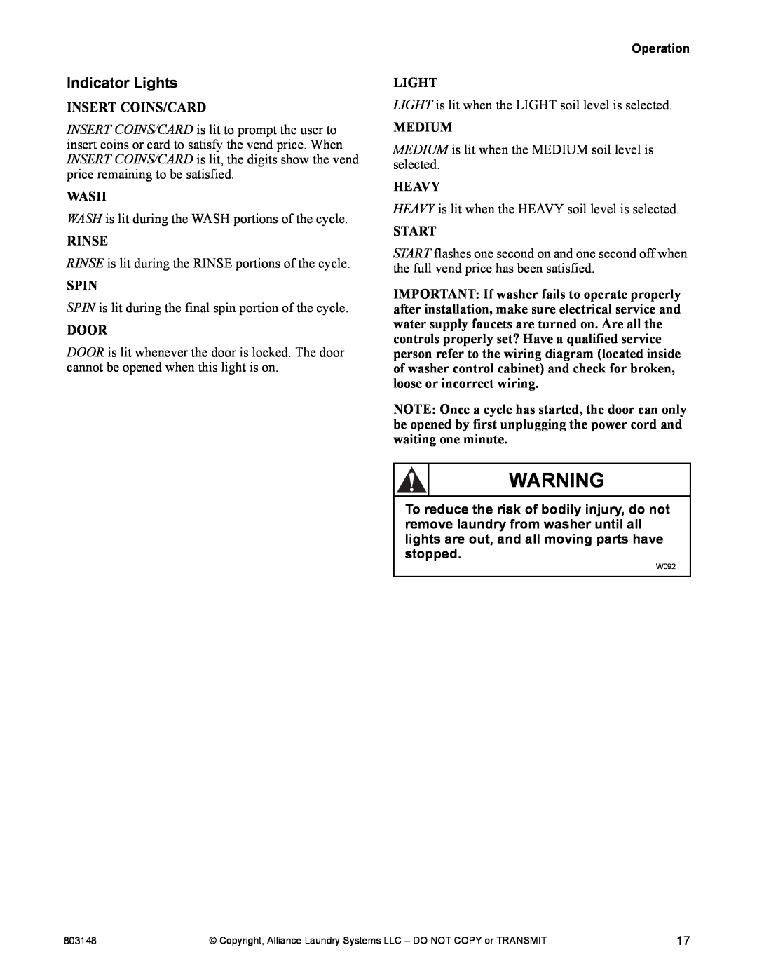 Alliance Laundry Systems FLW1526C manual Indicator Lights 