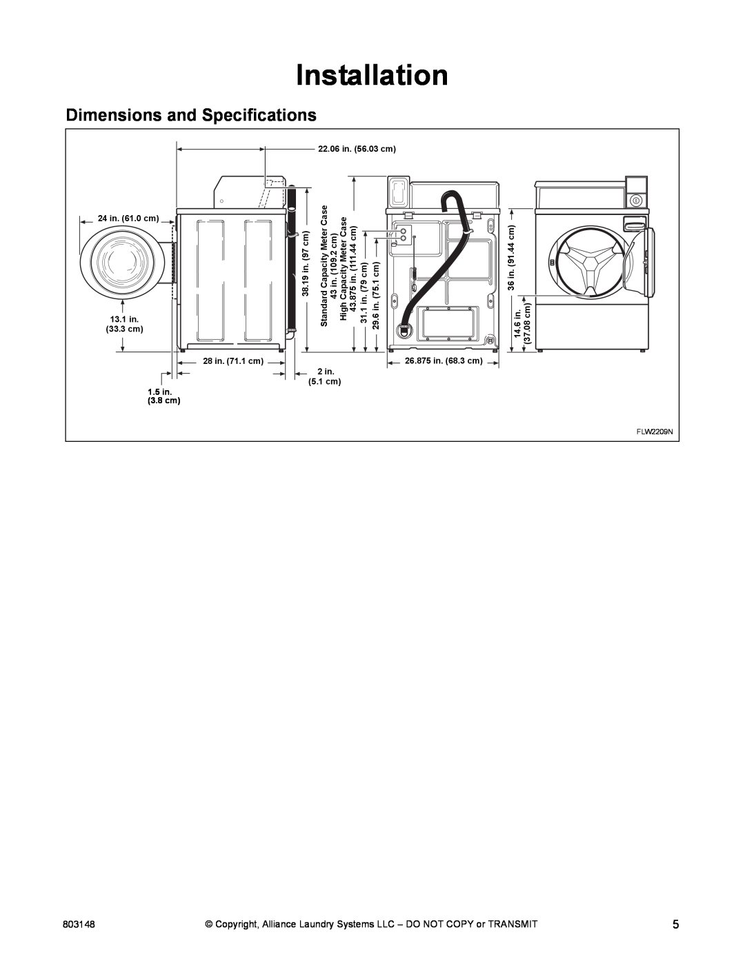 Alliance Laundry Systems FLW1526C manual Installation, Dimensions and Specifications 