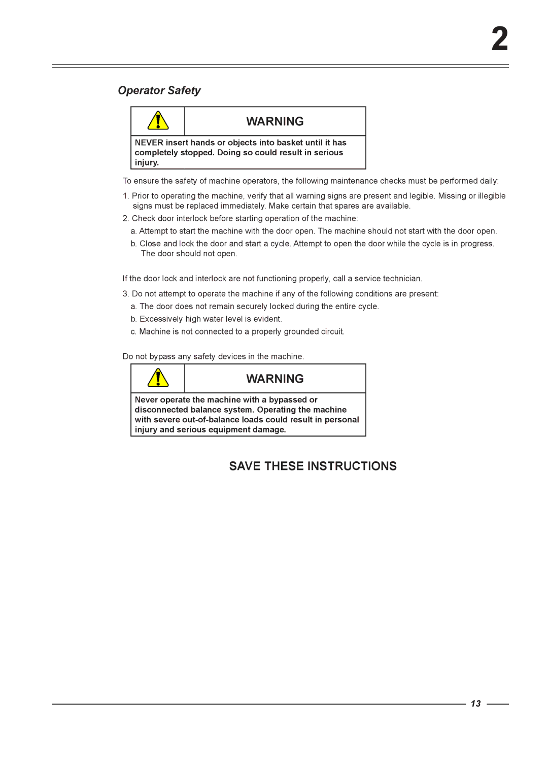 Alliance Laundry Systems HC165, HC65, HC75, HC135, HC100, HC60 instruction manual Operator Safety 