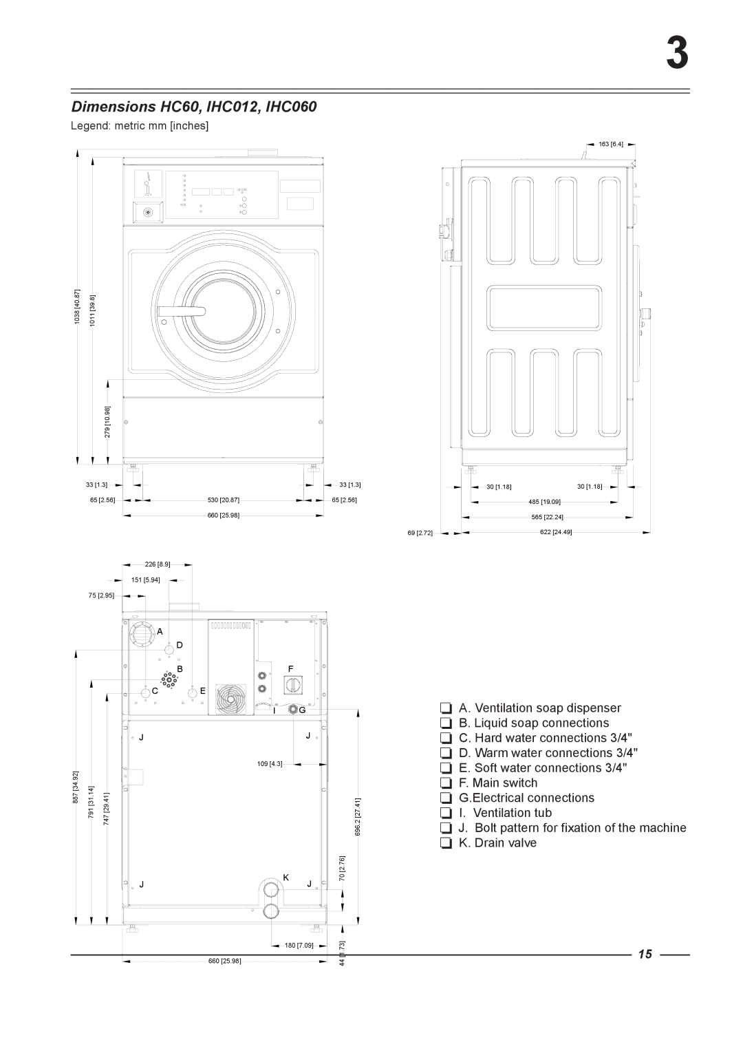 Alliance Laundry Systems HC135, HC65, HC165, HC75, HC100 instruction manual Dimensions HC60, IHC012, IHC060 