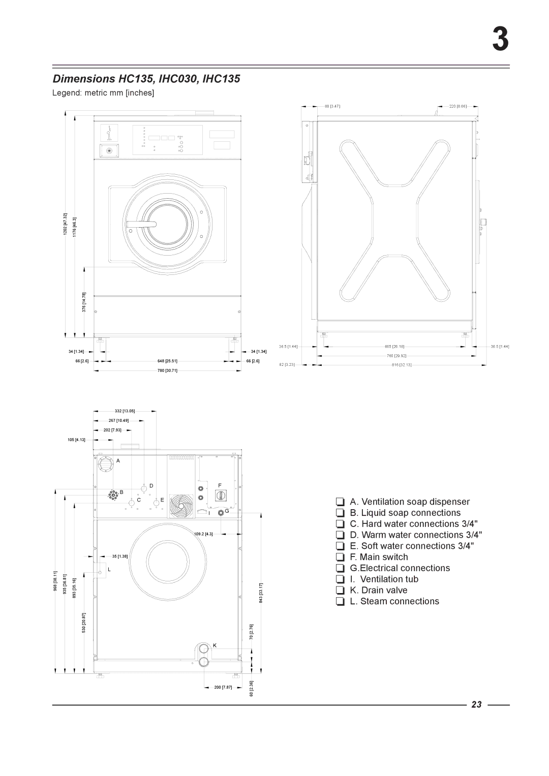 Alliance Laundry Systems HC60, HC65, HC165, HC75, HC100 instruction manual Dimensions HC135, IHC030, IHC135 