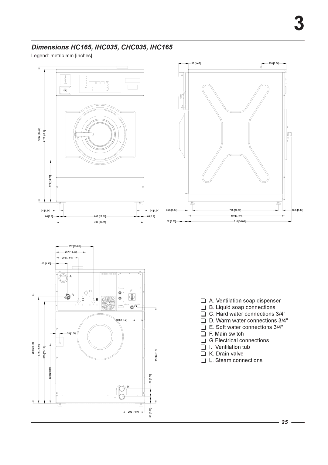 Alliance Laundry Systems HC65, HC75, HC135, HC100, HC60 instruction manual Dimensions HC165, IHC035, CHC035, IHC165 