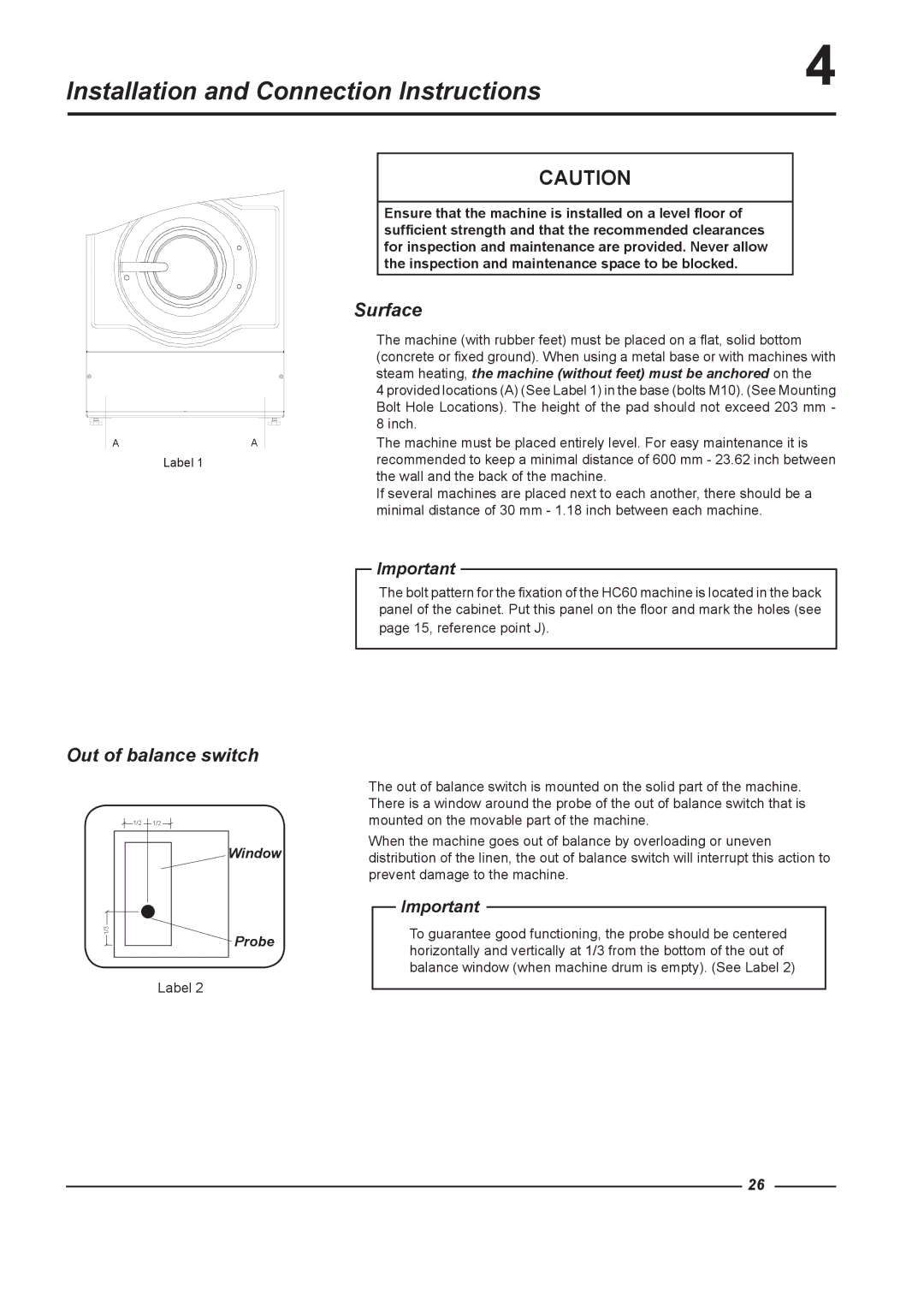 Alliance Laundry Systems HC75, HC65, HC165, HC135 Installation and Connection Instructions, Surface, Out of balance switch 