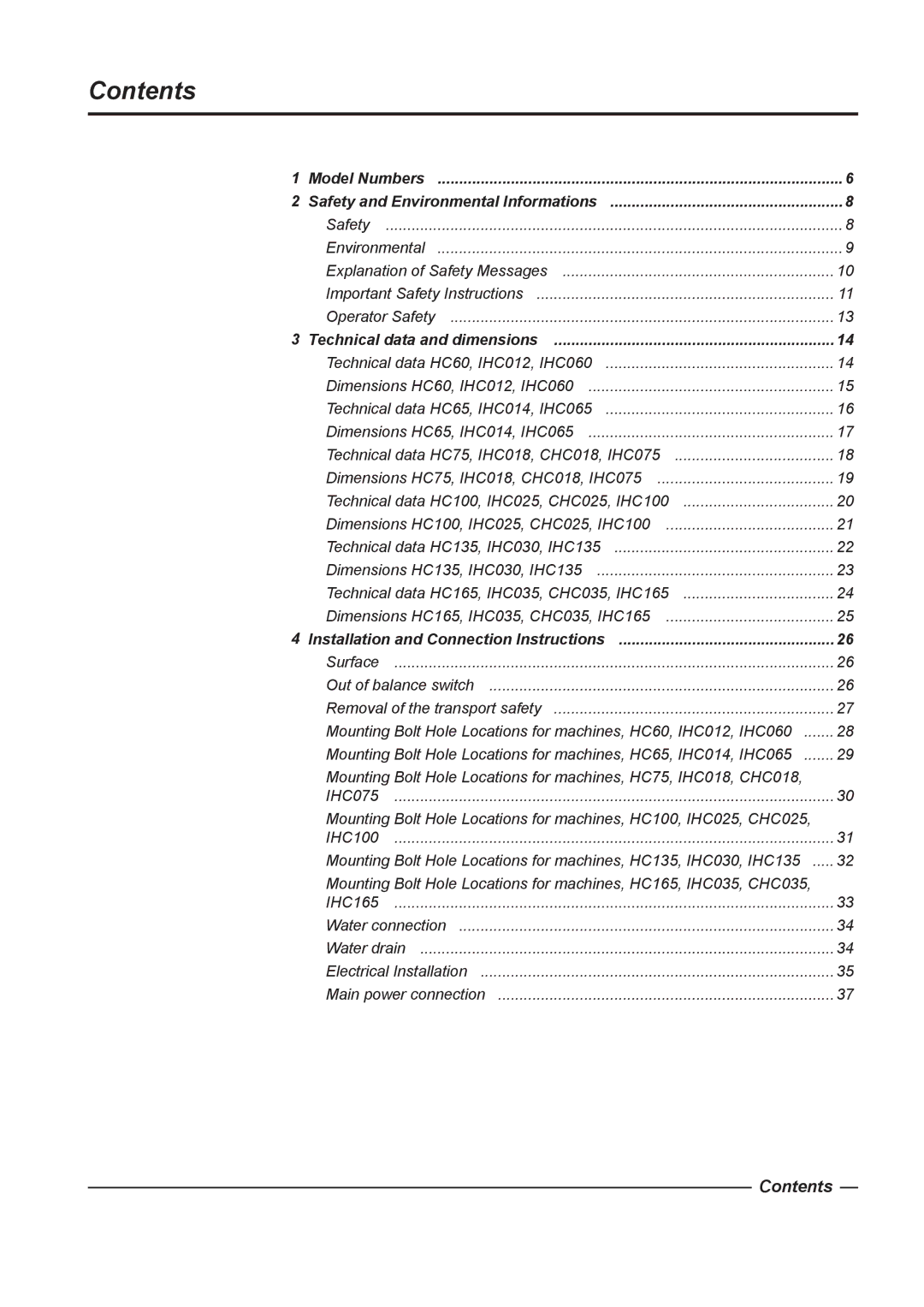 Alliance Laundry Systems HC135, HC65, HC165, HC75, HC100, HC60 instruction manual Contents 