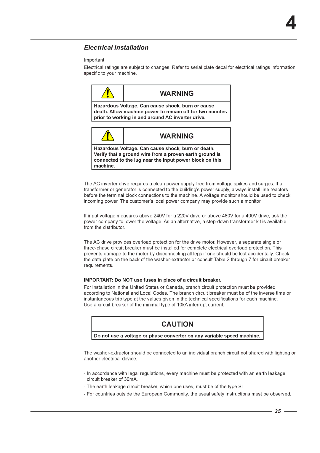 Alliance Laundry Systems HC60, HC65, HC75 Electrical Installation, Important Do not use fuses in place of a circuit breaker 