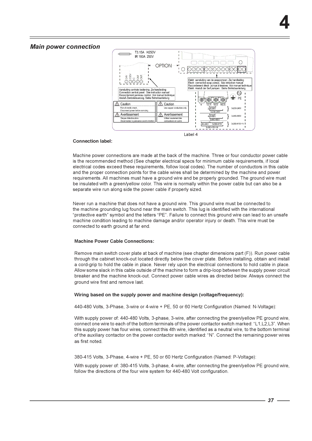 Alliance Laundry Systems HC165, HC65, HC75, HC135 Main power connection, Connection label, Machine Power Cable Connections 