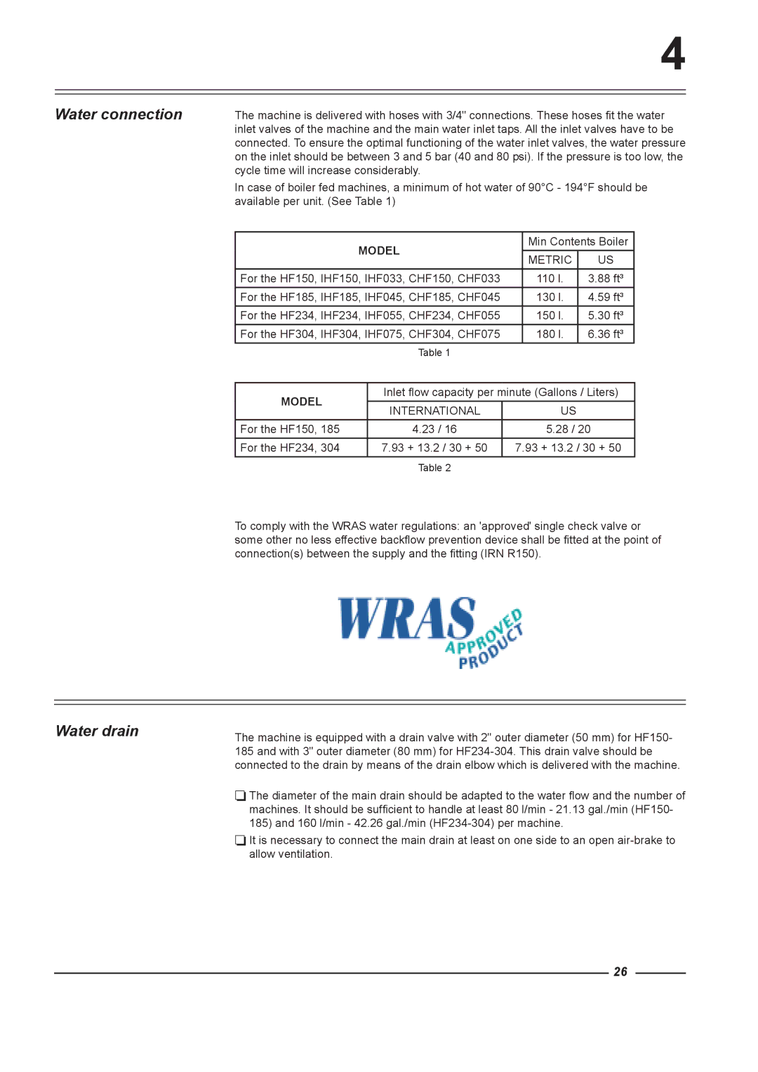 Alliance Laundry Systems HF185, HF234, HF304, HF150 instruction manual Water connection, Water drain 