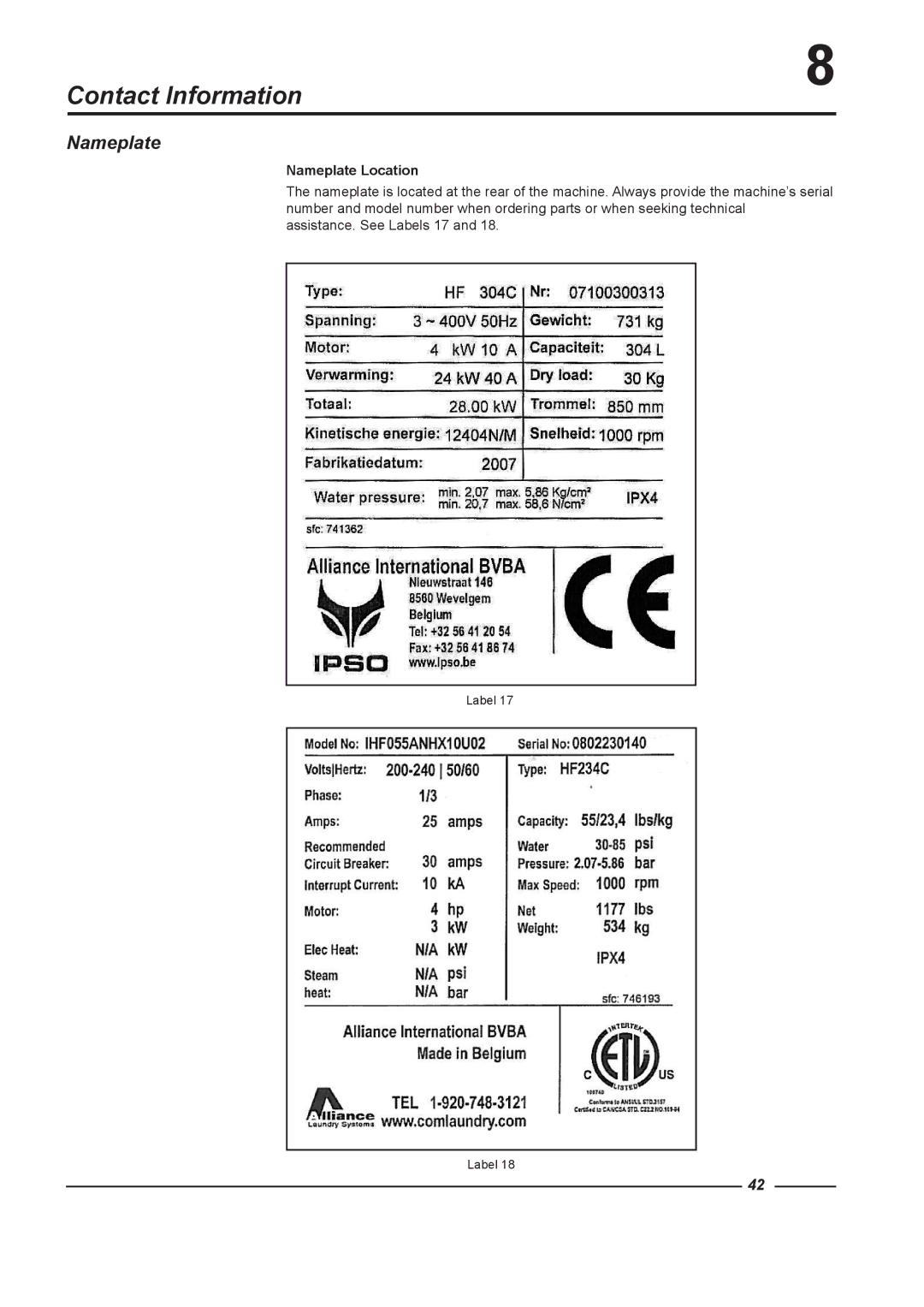 Alliance Laundry Systems HF185, HF234, HF304, HF150 instruction manual Contact Information, Nameplate Location 