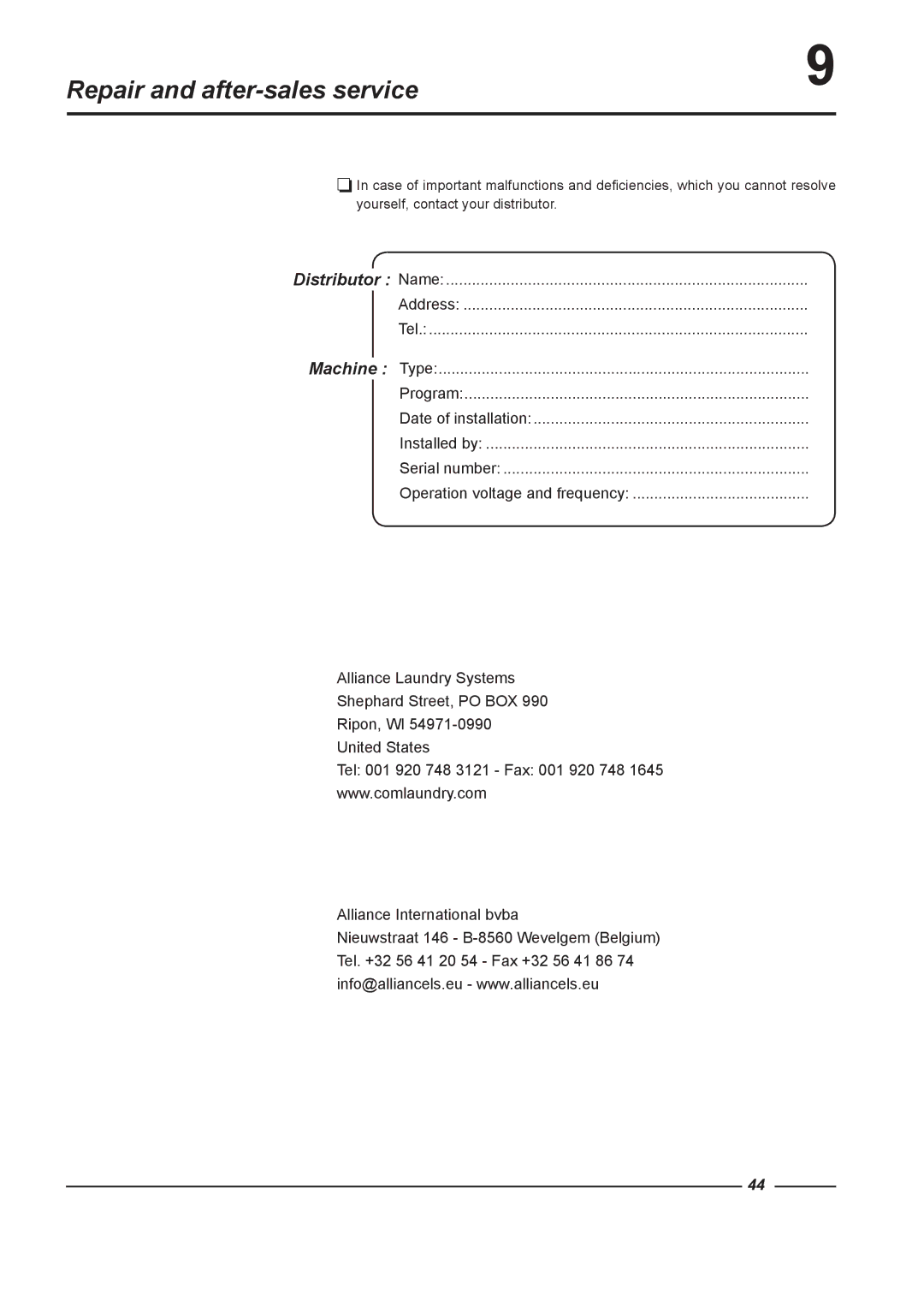 Alliance Laundry Systems HF234, HF304, HF185, HF150 instruction manual Repair and after-sales service 