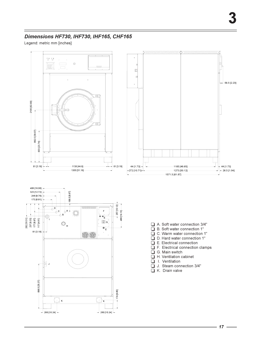 Alliance Laundry Systems HF575, HF900, HF455 instruction manual Dimensions HF730, IHF730, IHF165, CHF165 