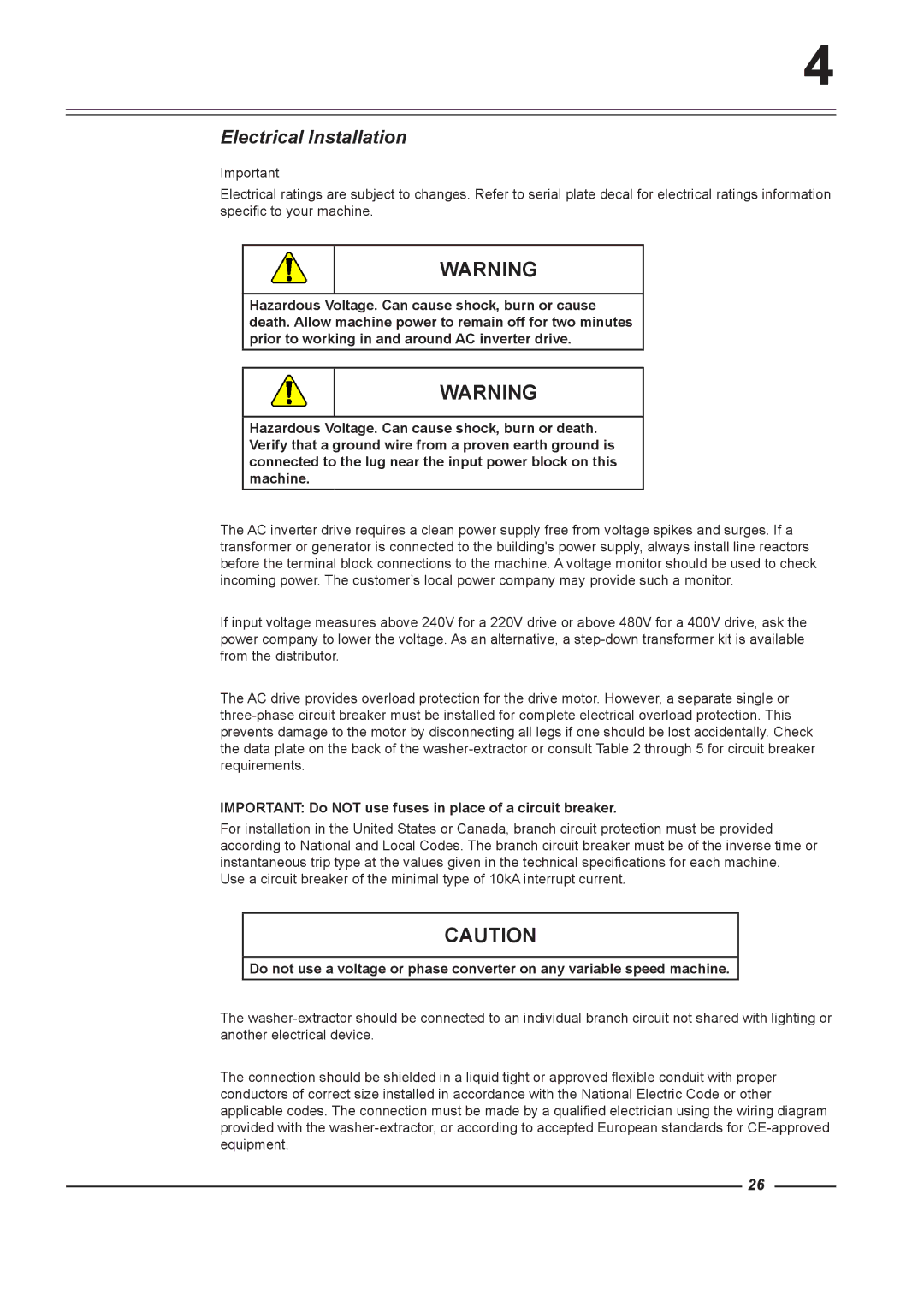 Alliance Laundry Systems HF455, HF900 Electrical Installation, Important Do not use fuses in place of a circuit breaker 