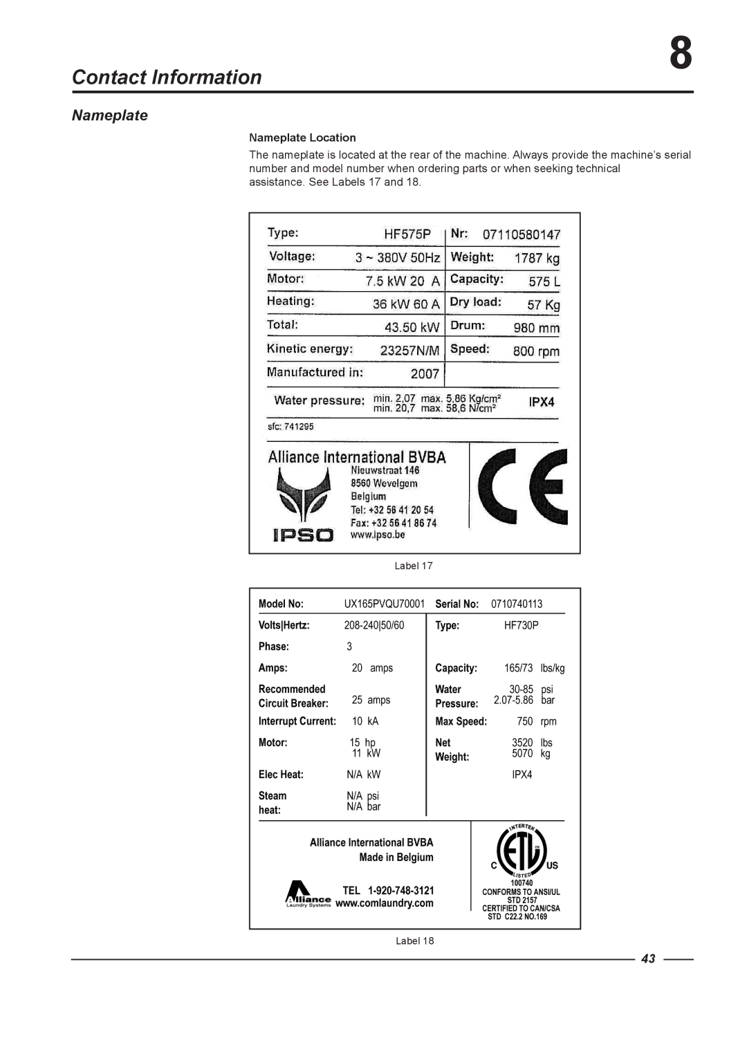 Alliance Laundry Systems HF730, HF900, HF575, HF455 instruction manual Contact Information, Nameplate Location 