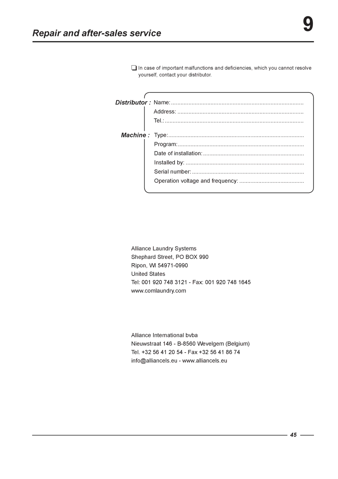 Alliance Laundry Systems HF575, HF900, HF455, HF730 instruction manual Repair and after-sales service 