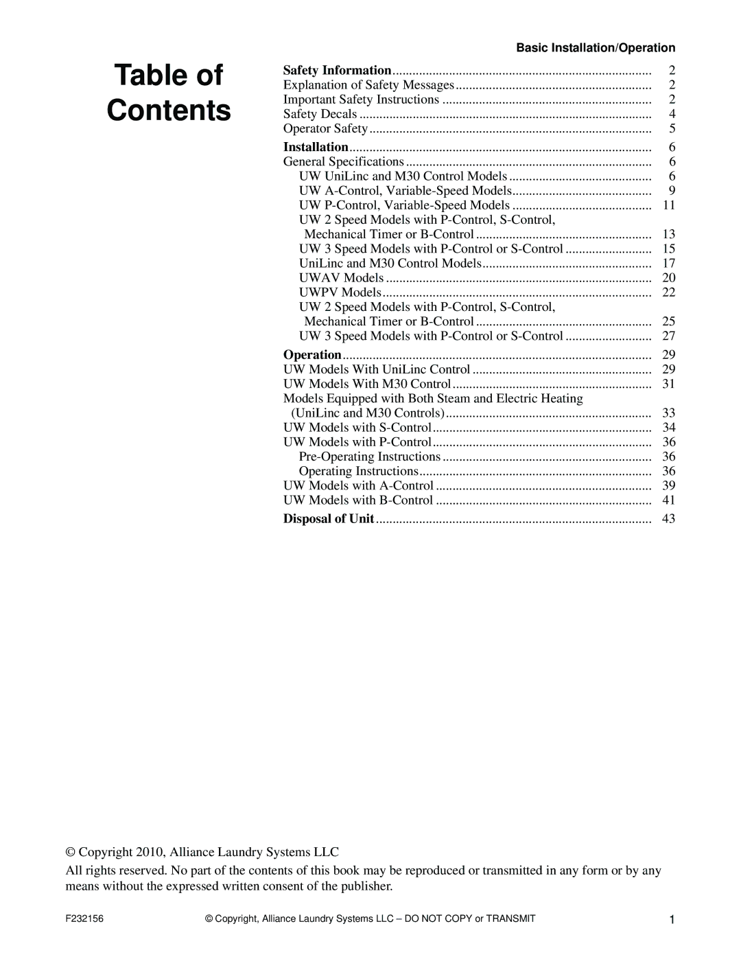 Alliance Laundry Systems P232156R9 manual Contents 