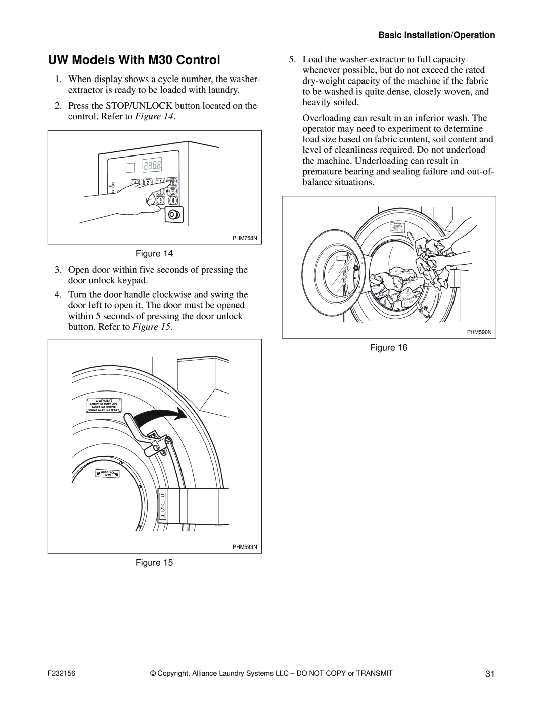 Alliance Laundry Systems P232156R9 manual UW Models With M30 Control 