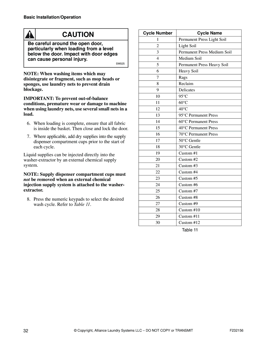 Alliance Laundry Systems P232156R9 manual Cycle Number Cycle Name 